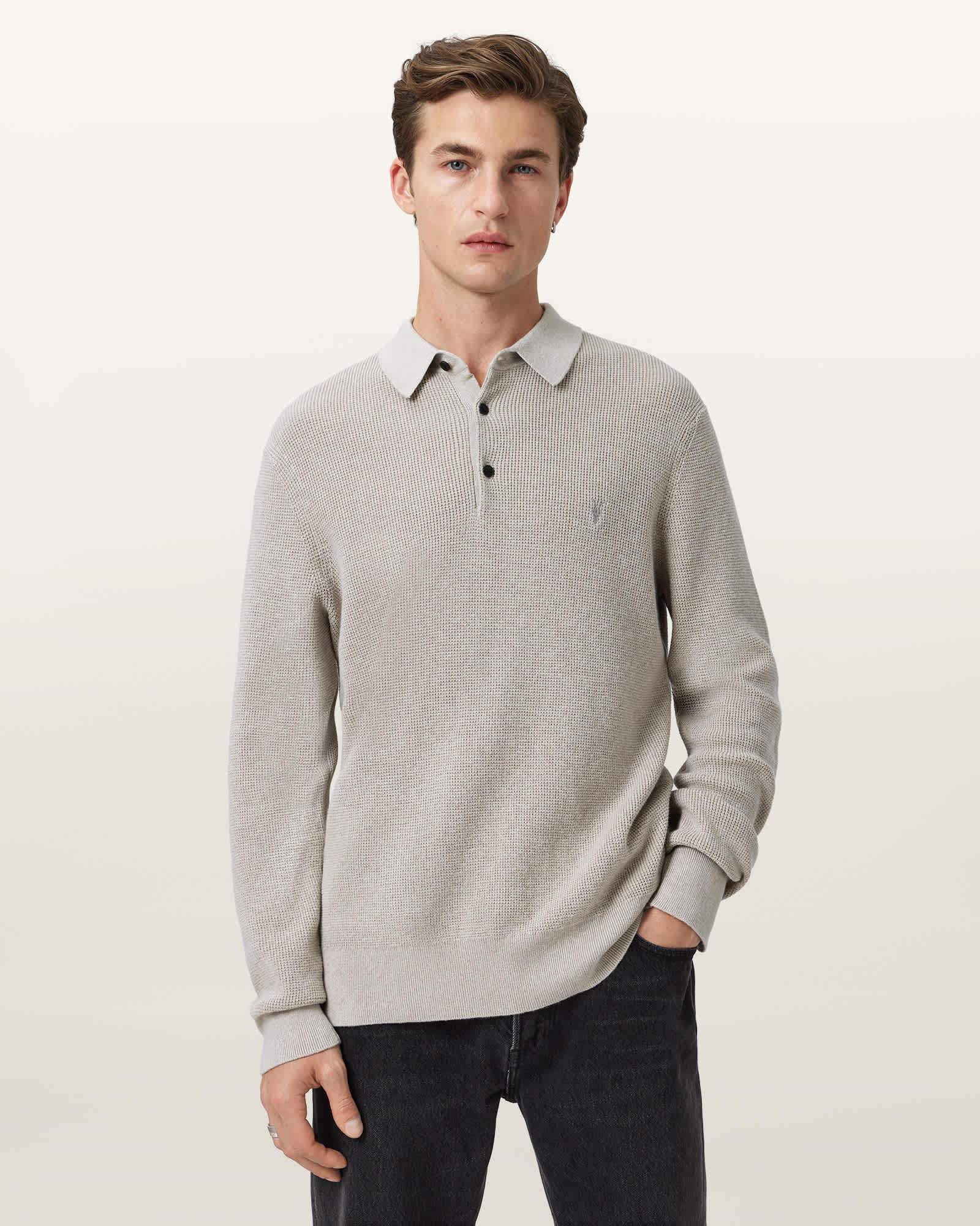 Allsaints Aspen Long Sleeve Polo Sweater In Gray