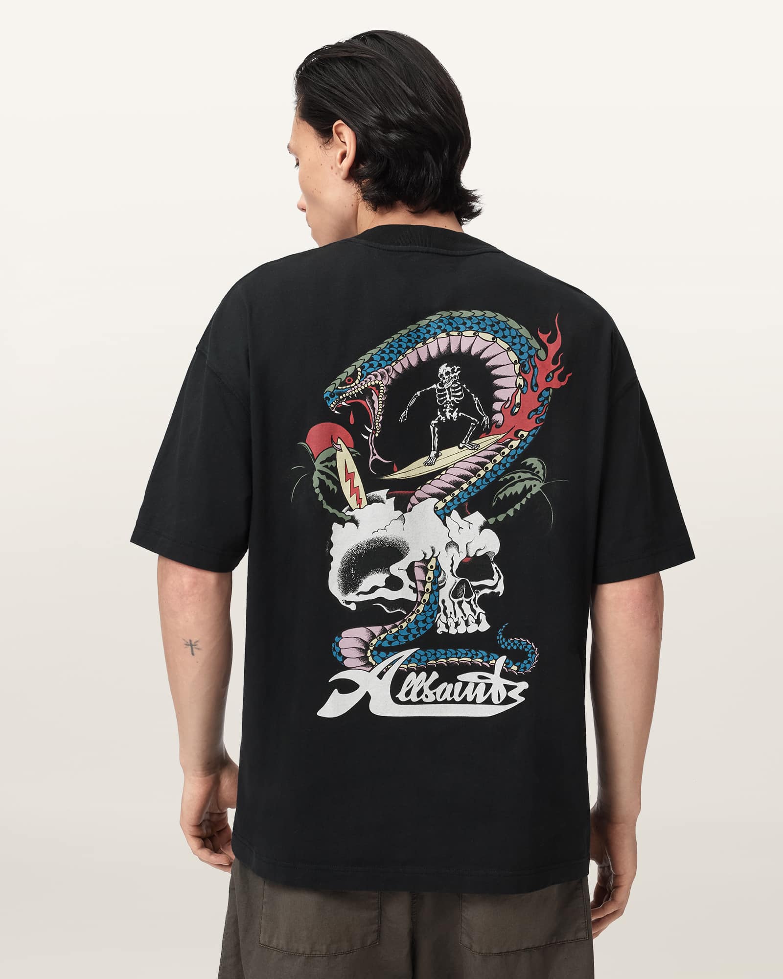 Allsaints Men's Black Snakepit Oversized Short Sleeve Graphic T-Shirt - Size  S