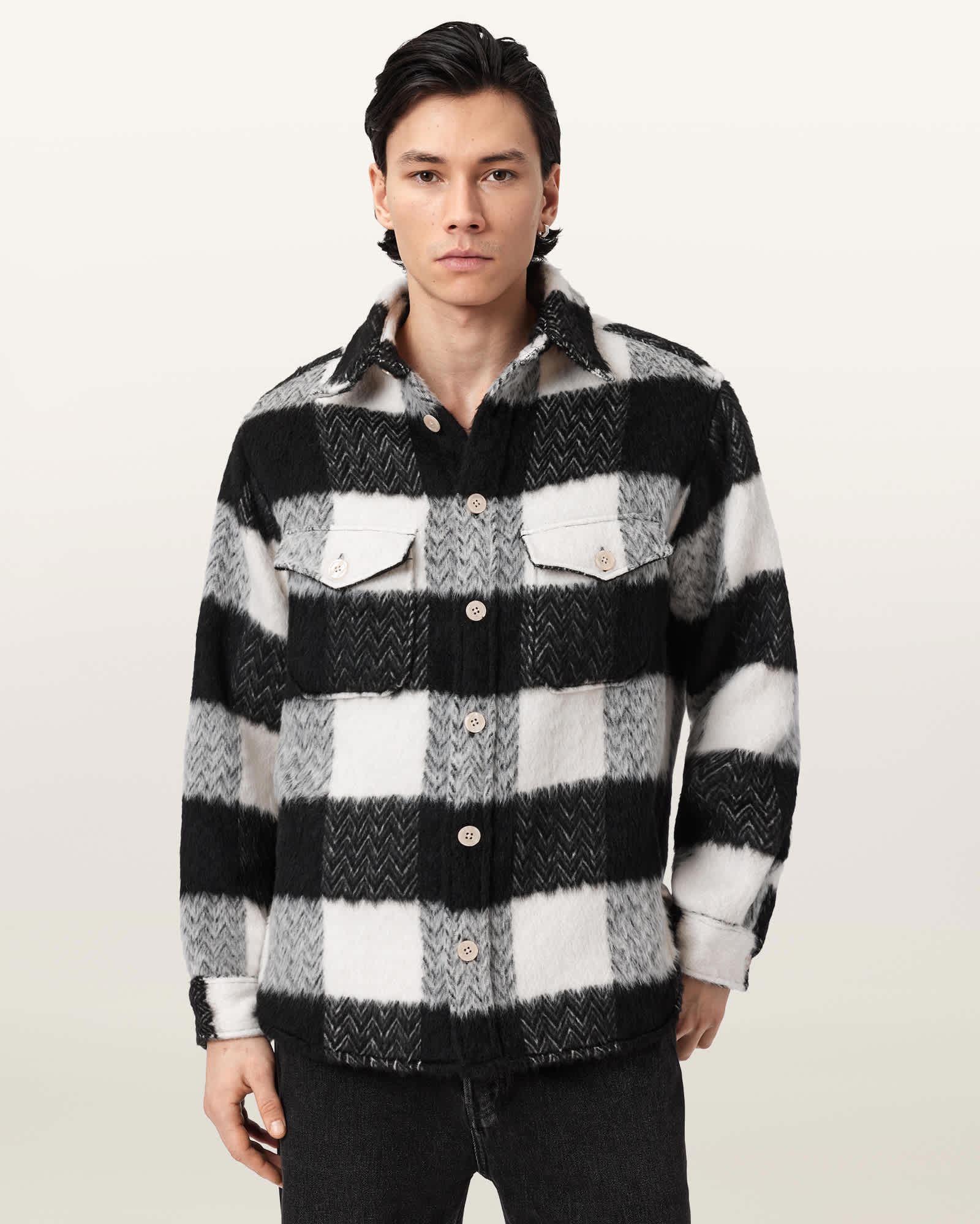 AllSaints River Long Sleeve Check Shirt,, Black/White