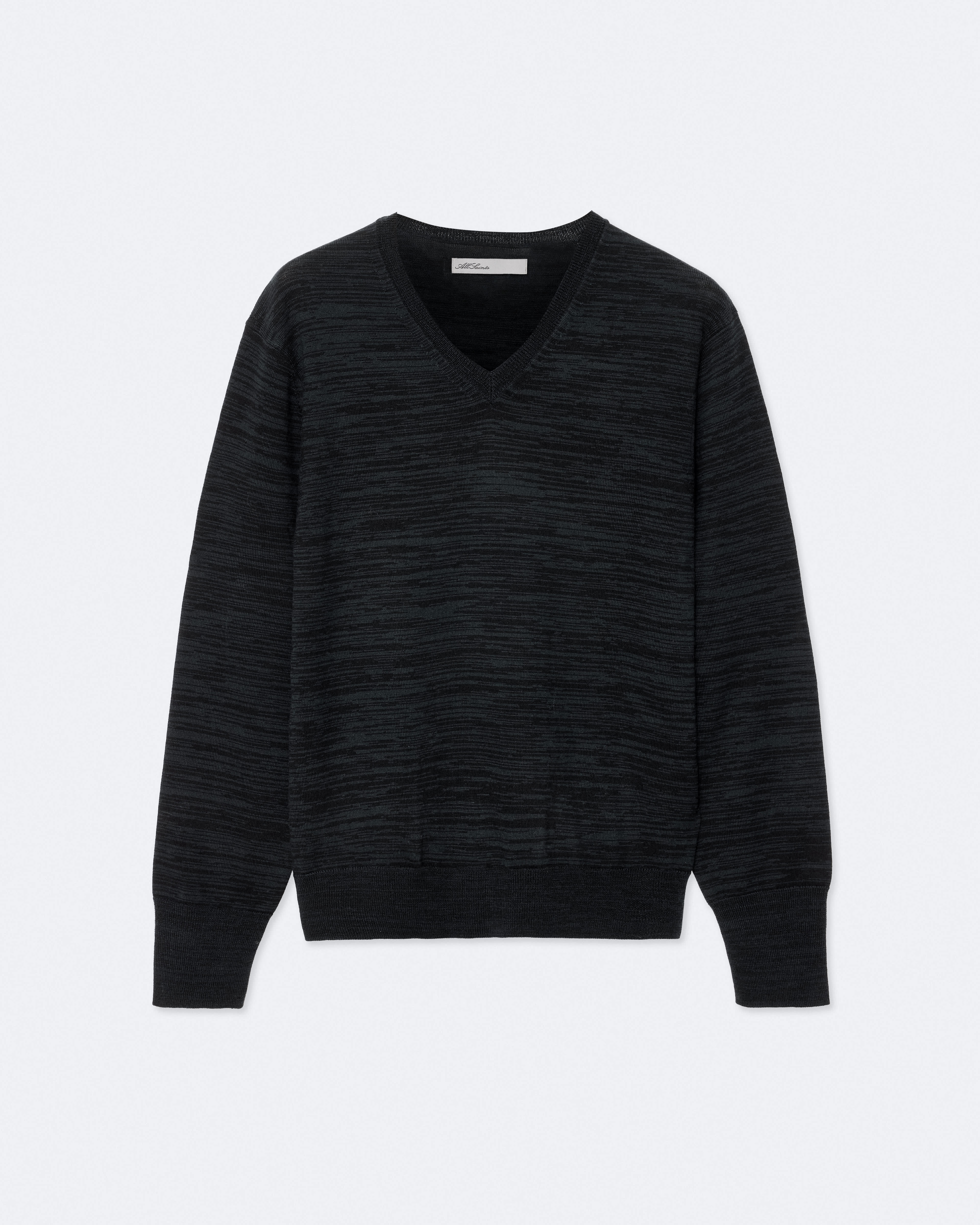AllSaints Men's Beton Merino Wool V-Neck Sweater, Black/grey, Size: S