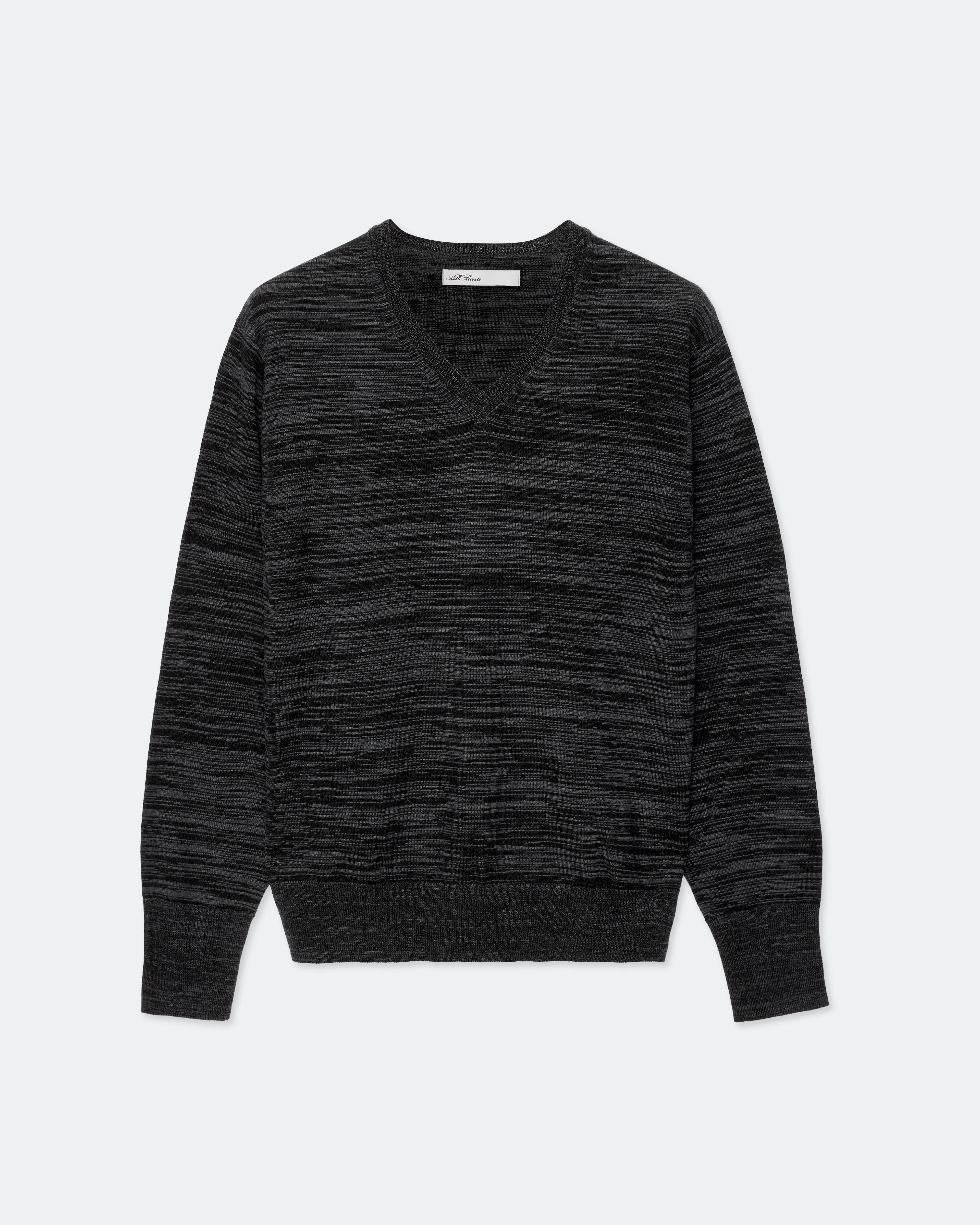 AllSaints Men's Beton Merino Wool V-Neck Sweater, Black/green, Size: S