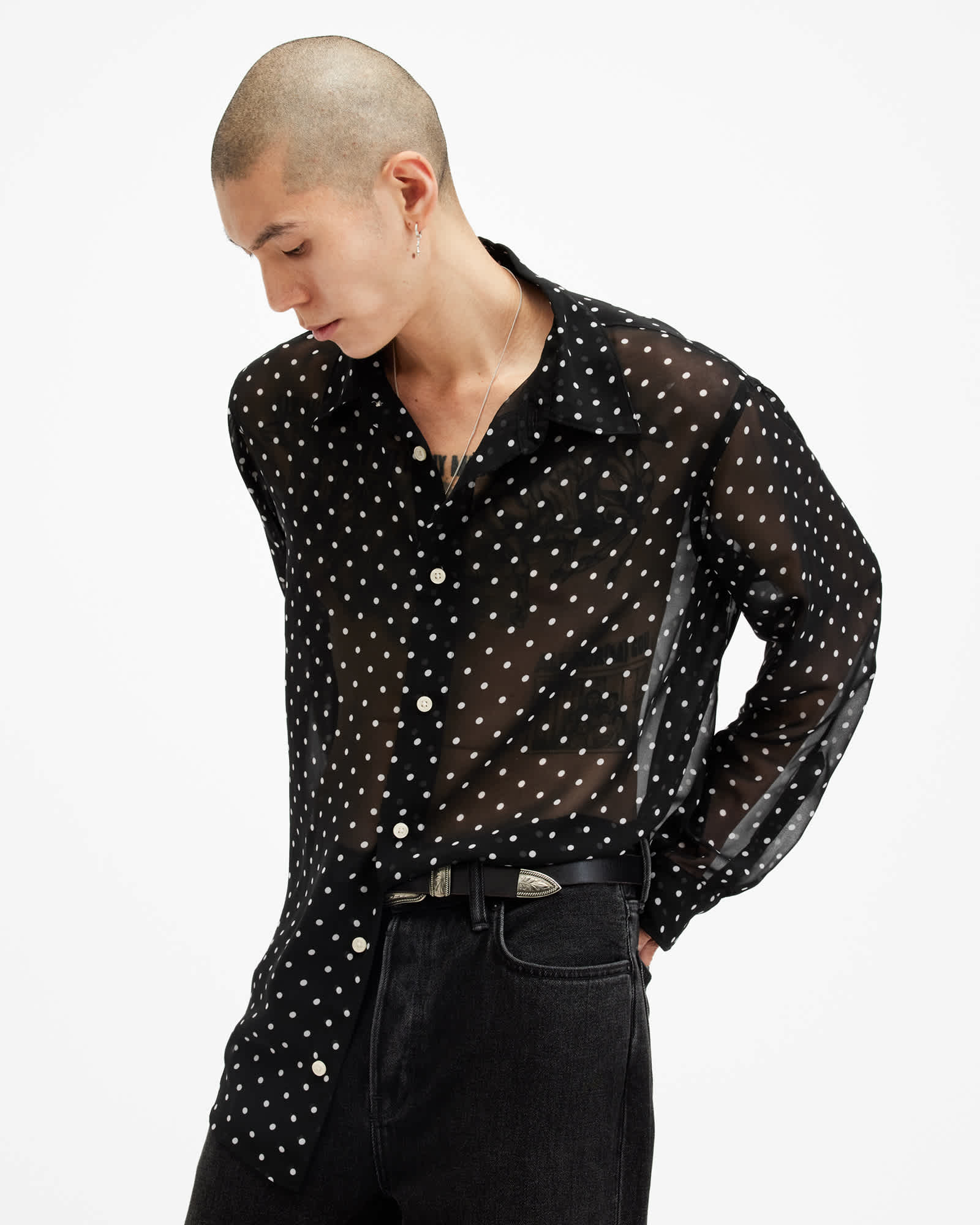 AllSaints Sangha Long Sleeve Relaxed Fit Shirt,, Black