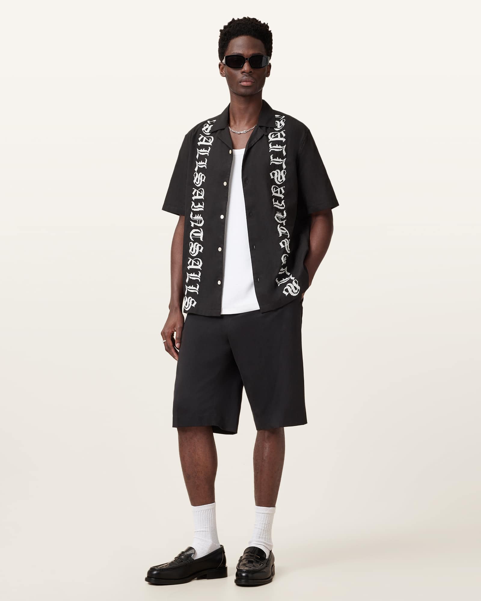 AllSaints Scripture Short Sleeve Textured Shirt,, Faded Black