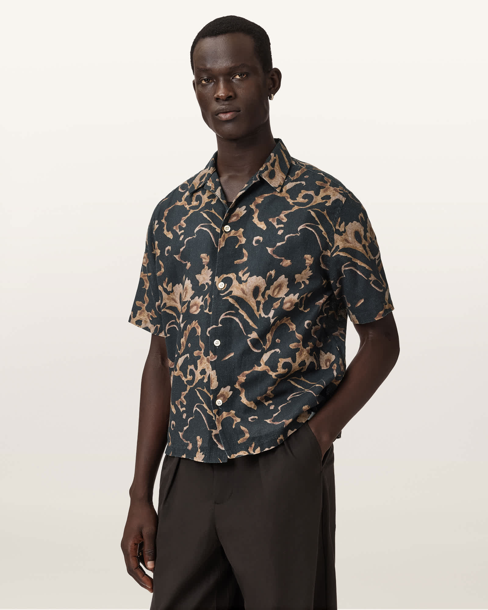 AllSaints Cotton Fortune Short Sleeve Linen Blend Boxy Shirt, Size: XXL