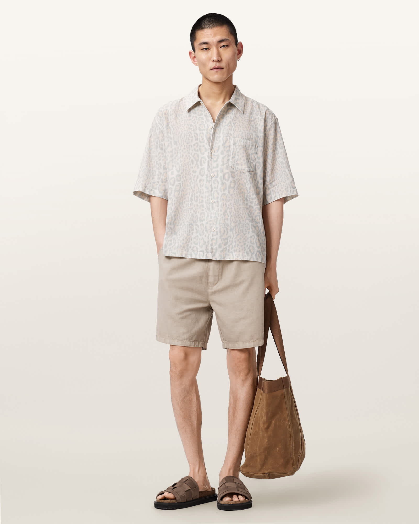 AllSaints Cotton Cruz Leo Oversized Short Sleeve Linen Blend Shirt, Size: XS
