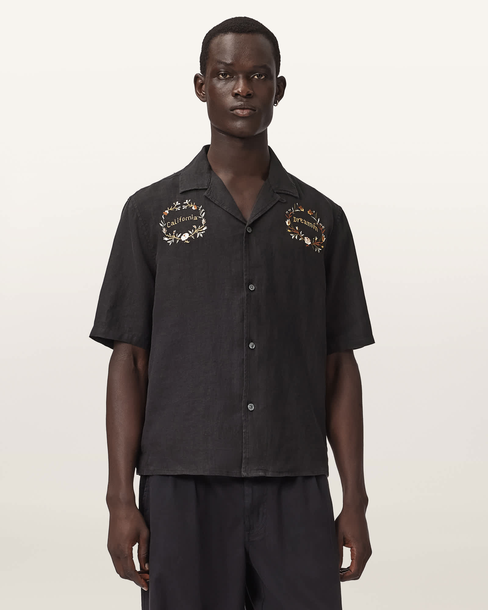 AllSaints Linen Klavicle Short Sleeve Linen Embroidered Shirt, Size: XL