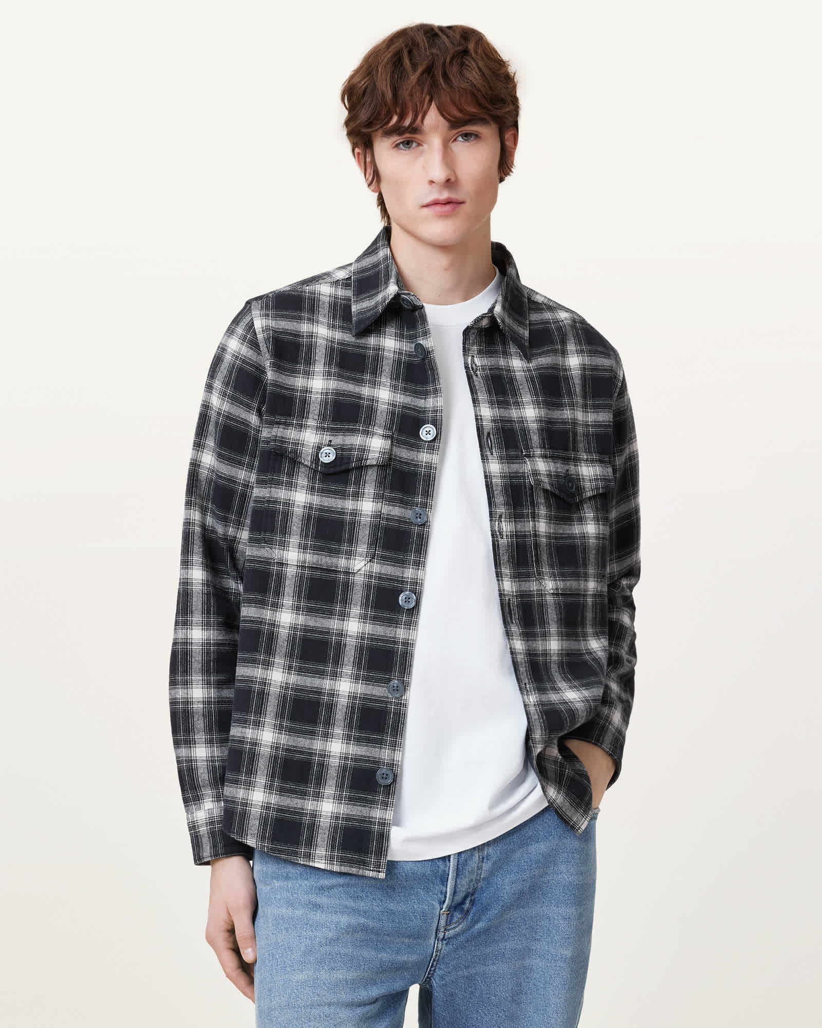 AllSaints Hamura Checked Relaxed Fit Shirt,, Black