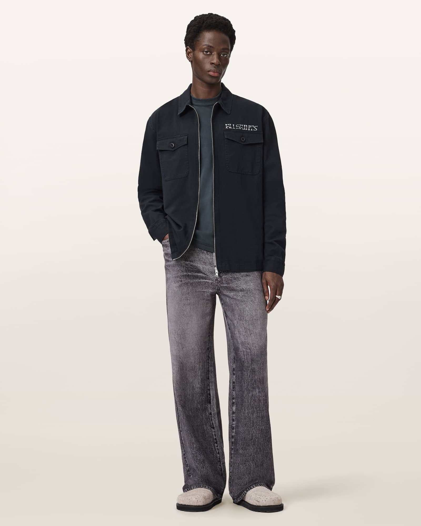 AllSaints Orbit Relaxed Fit Zip Shirt,, Jet Black