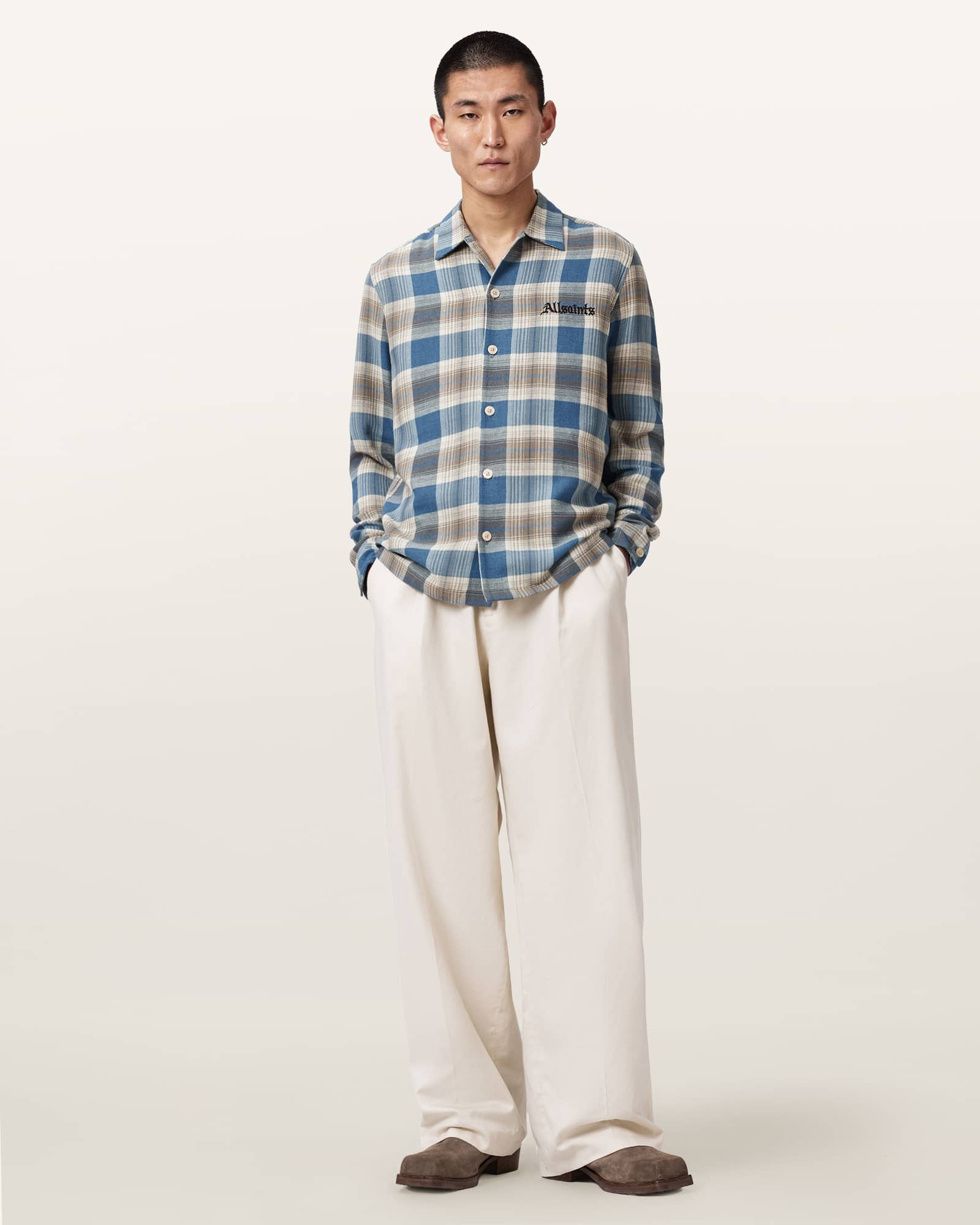 Allsaints Men's Blue Atla Relaxed Long Sleeve Check Shirt - Size  Xl
