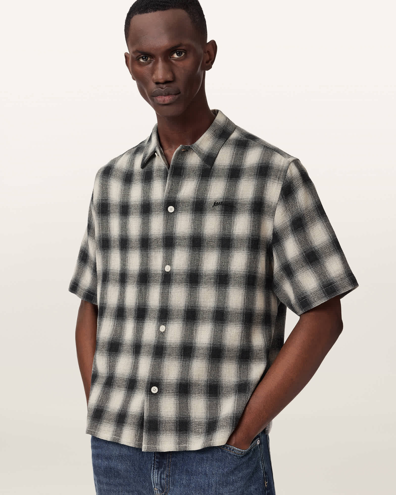 AllSaints Cotton Shadow Short Sleeve Boxy Check Shirt, Size: XS