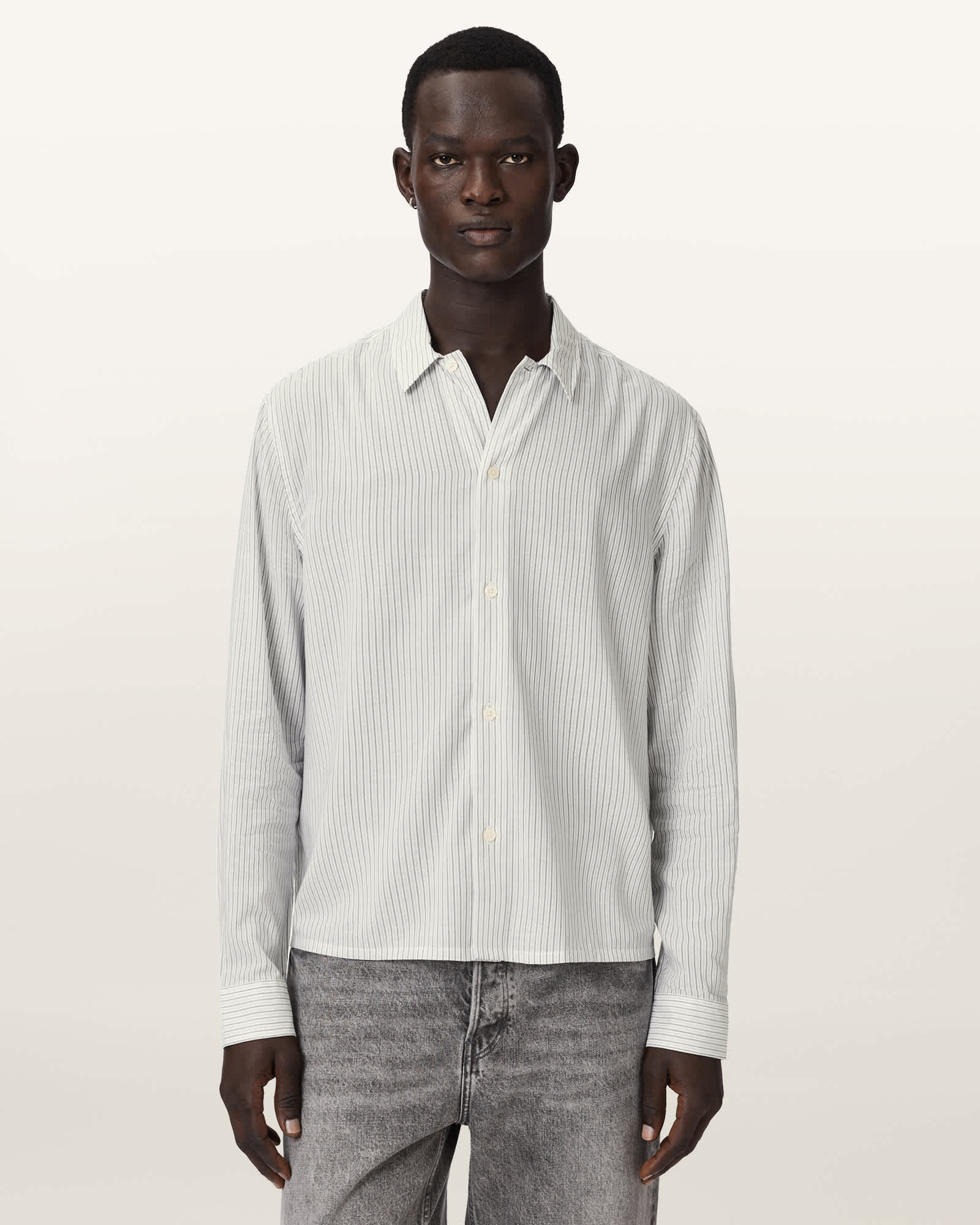 AllSaints Viscose Furrow Long Sleeve Boxy Striped Shirt, Size: XS