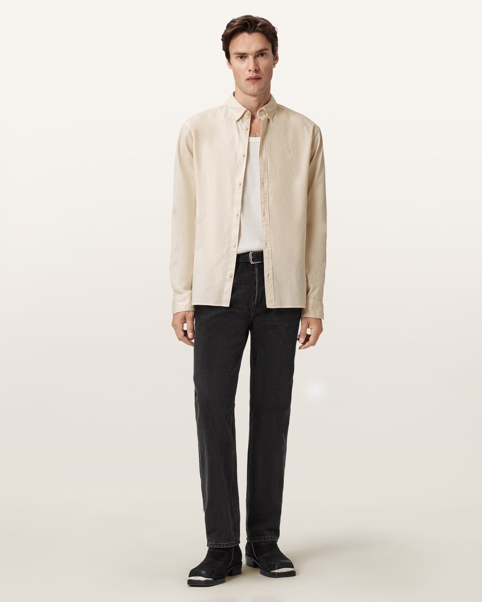 Allsaints Hawthorne Ramskull Stretch Fit Shirt In Neutral