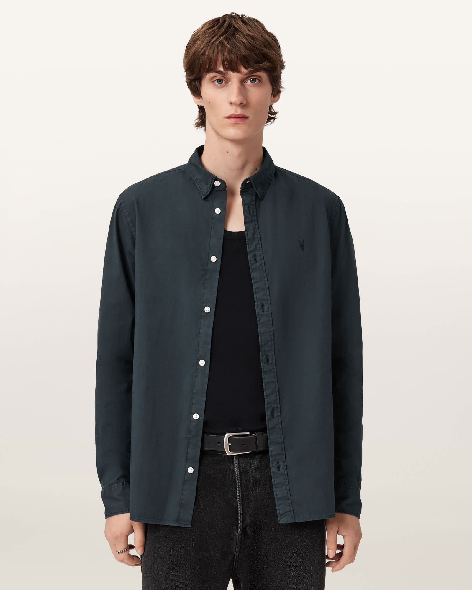 AllSaints Hawthorne Ramskull Stretch Fit Shirt,, Cascade Blue