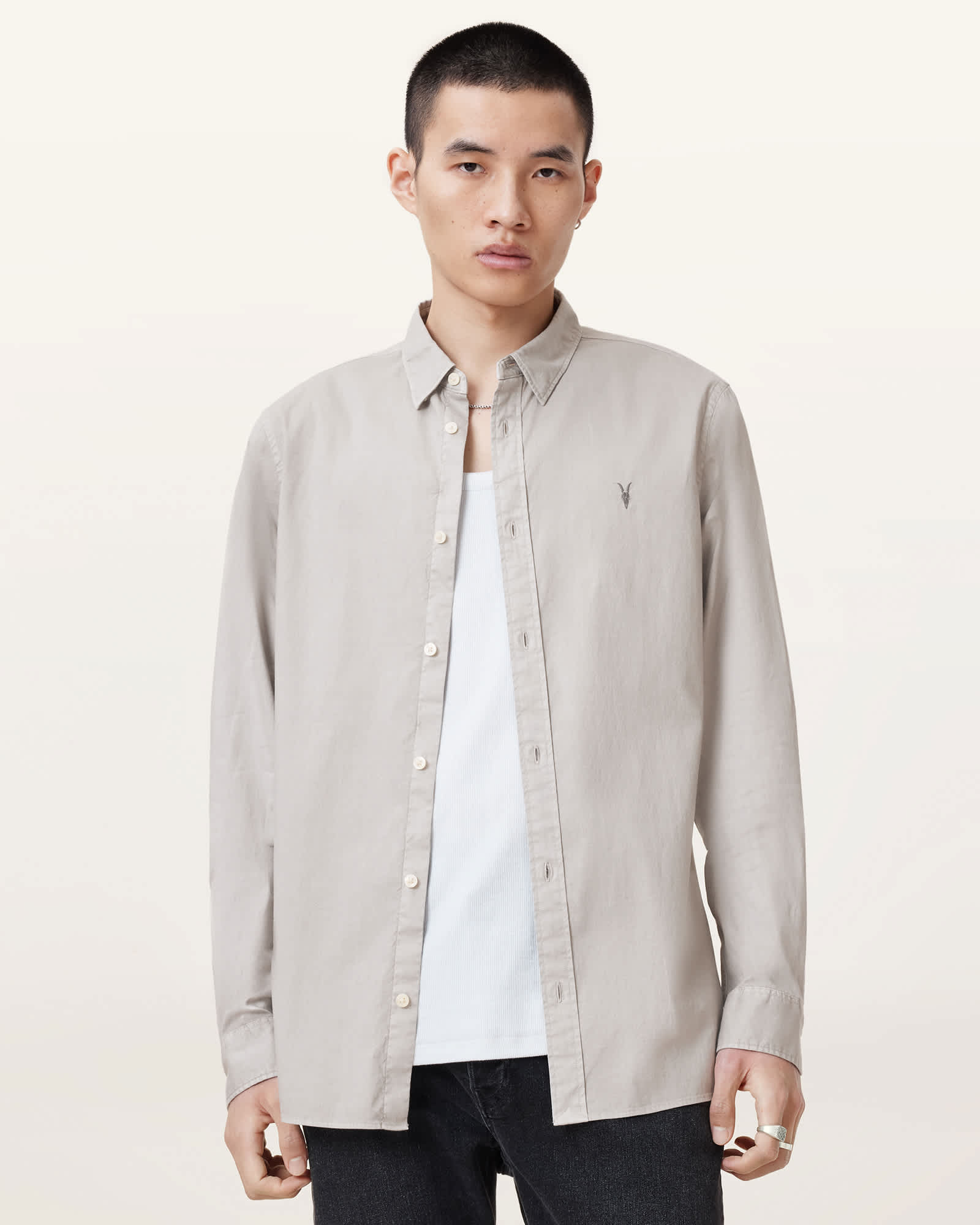 AllSaints Hawthorne Ramskull Stretch Fit Shirt,, Whisper Grey