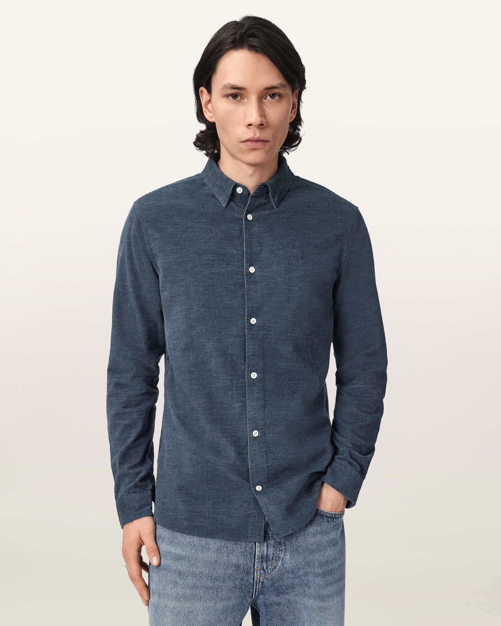 Allsaints Men's Blue Lorella Textured Ramskull Shirt - Size  Xl