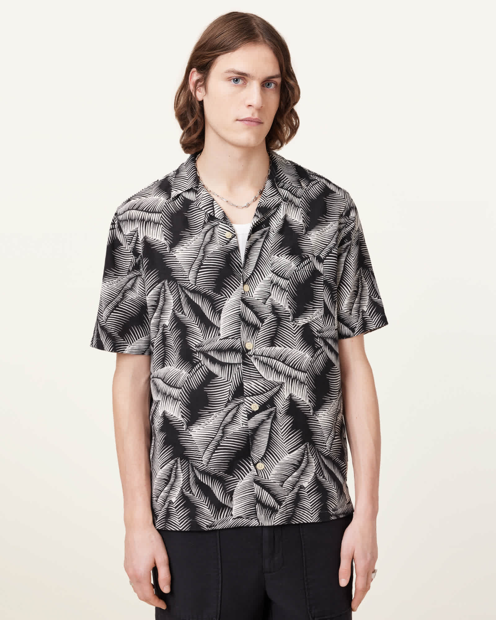 AllSaints Marseille Short Sleeve Hawaiian Shirt,, Pebblestone Grey