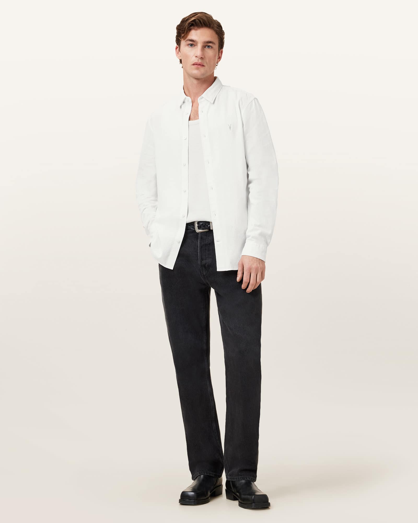 AllSaints Lovell Long Sleeve Ramskull Shirt,, White
