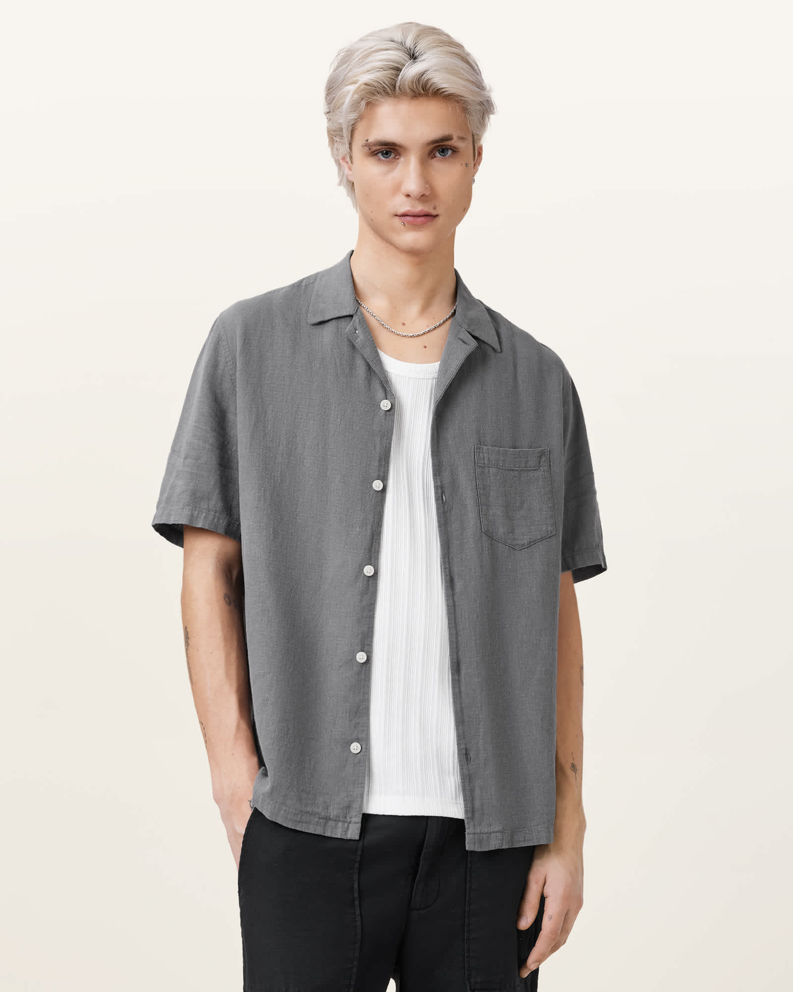 AllSaints Linen/Viscose Veda Short Sleeve Relaxed Fit Shirt