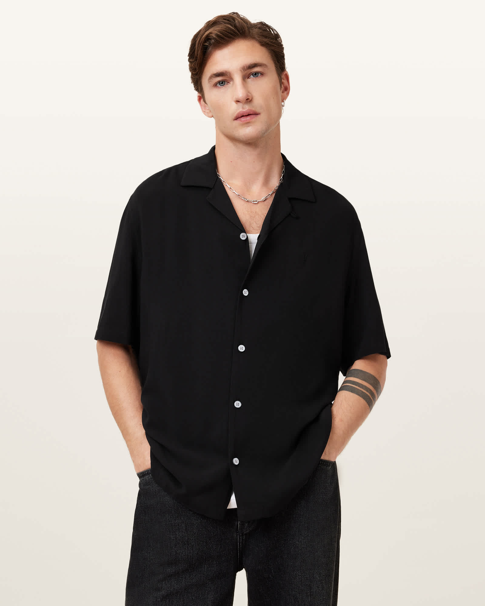 AllSaints Men's Viscose Venice Revere Collar Ramskull Shirt