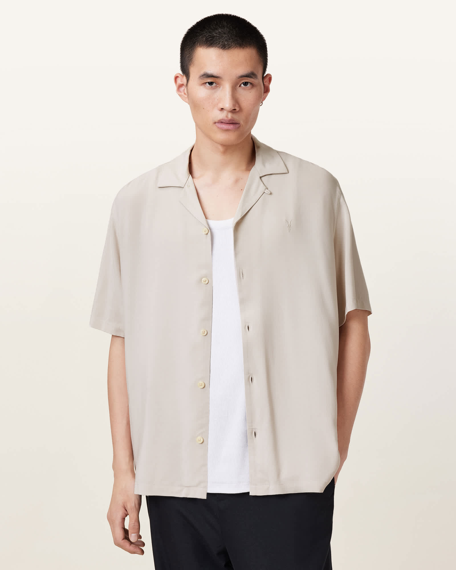 AllSaints Men's Viscose Venice Revere Collar Ramskull Shirt