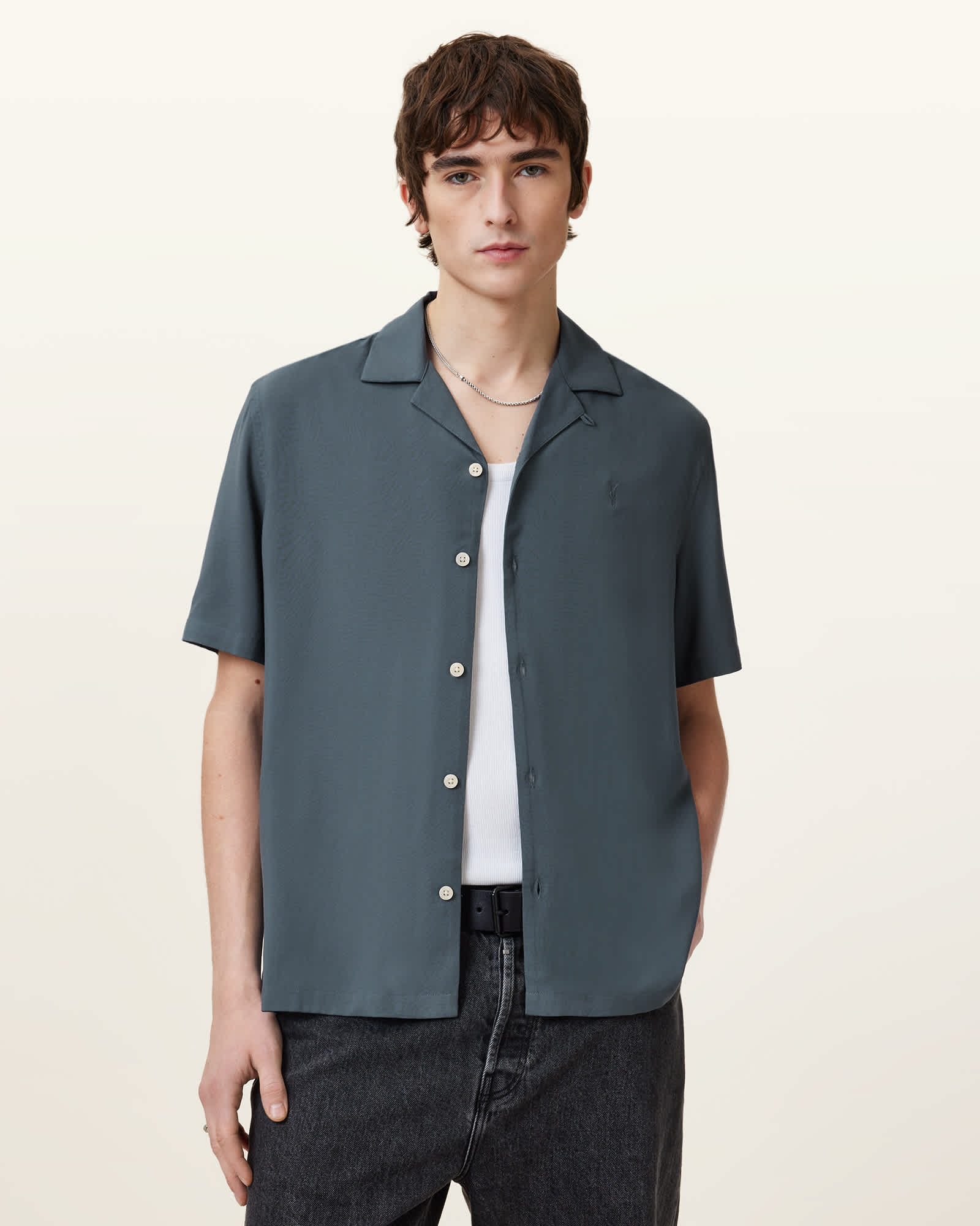 AllSaints Venice Revere Collar Ramskull Shirt,, Grey