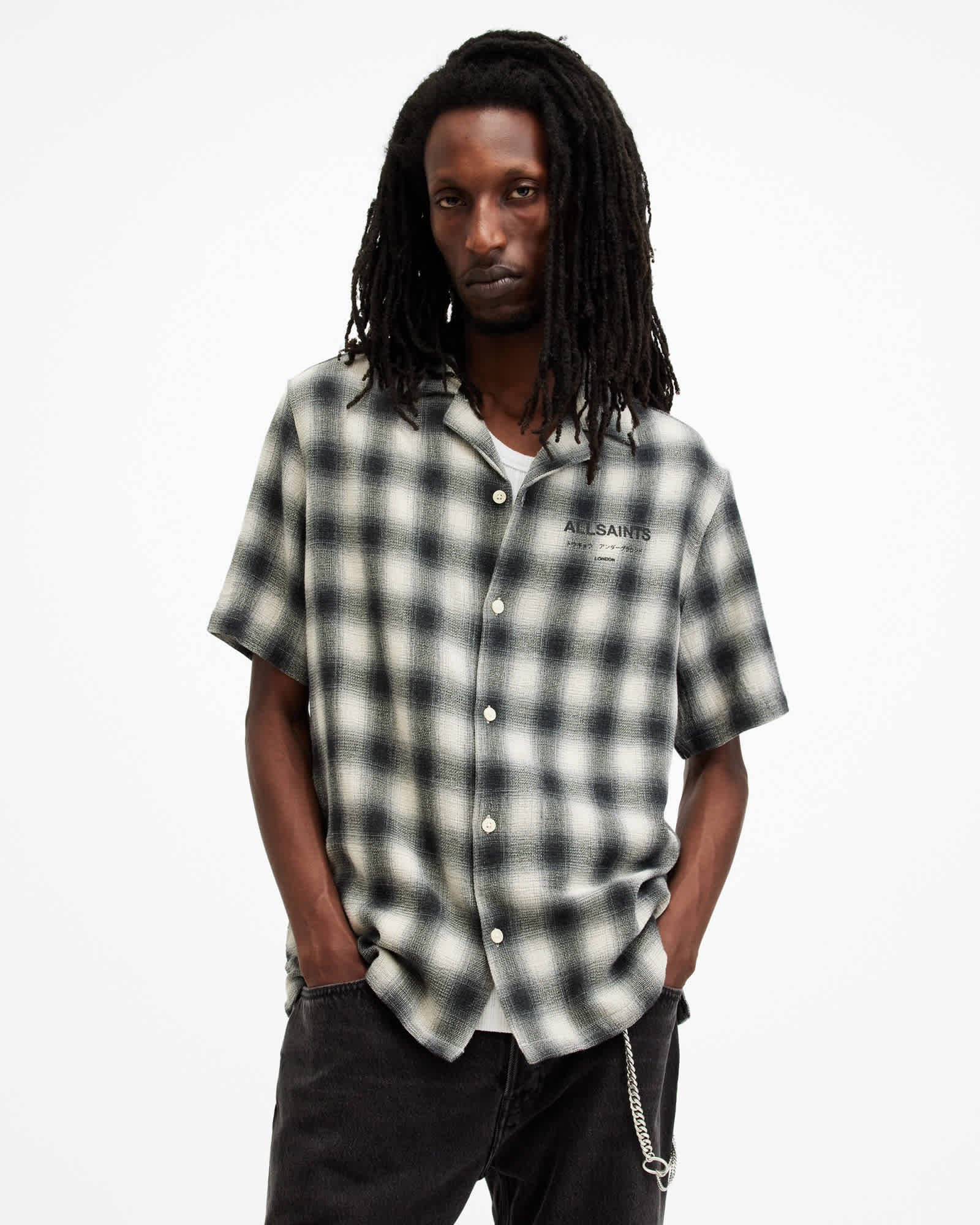 AllSaints Underground Relaxed Check Logo Shirt,, Black/White