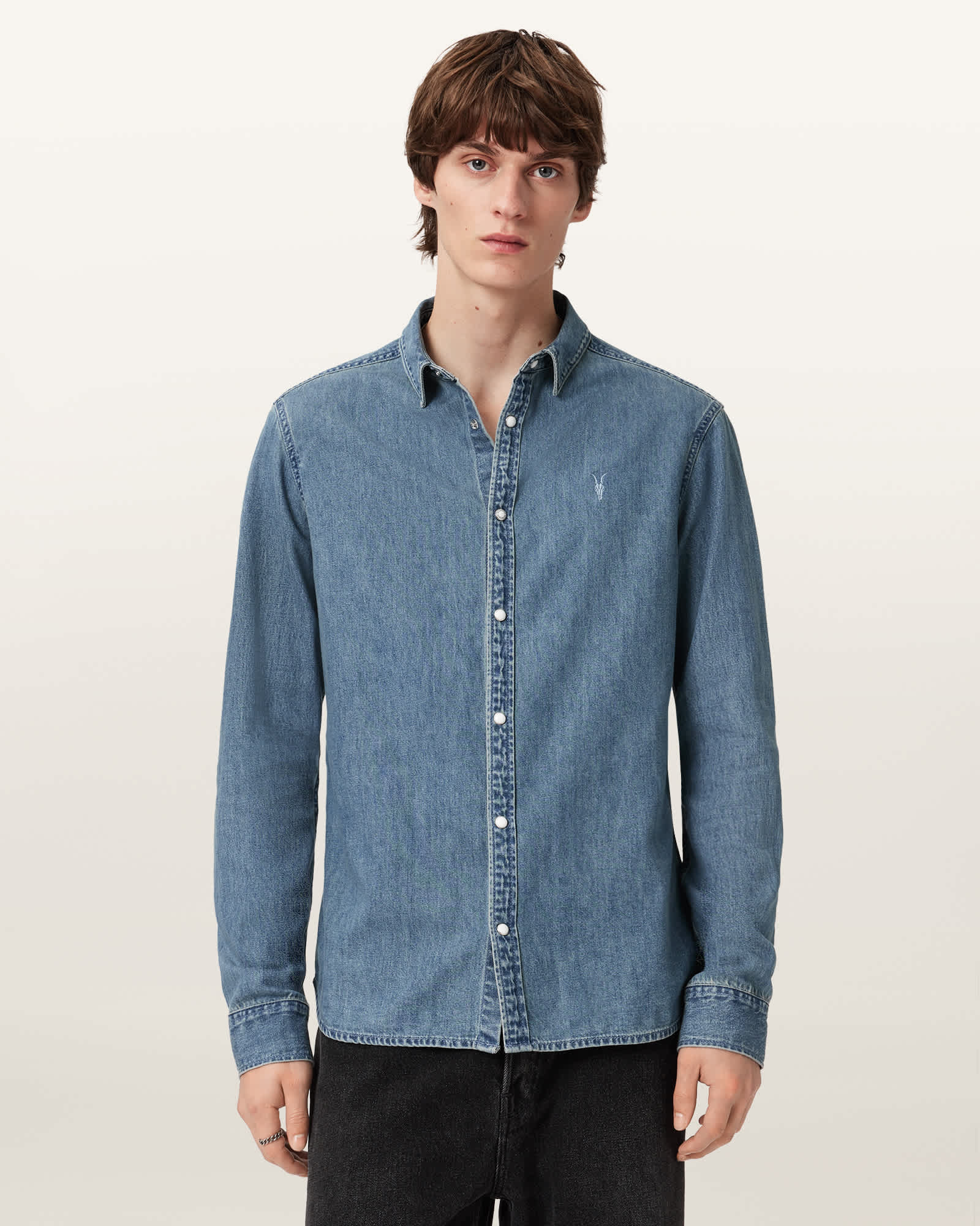 AllSaints Gleason Ramskull Denim Shirt,, Light Indigo