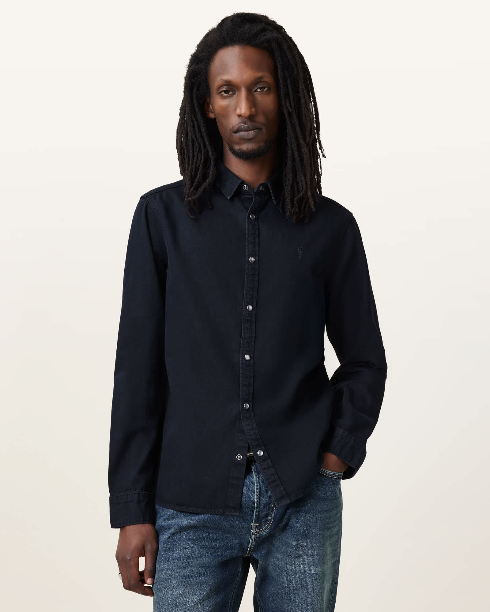 Allsaints Men's Gleason Press Stud Ramskull Denim Shirt - Size  Xs