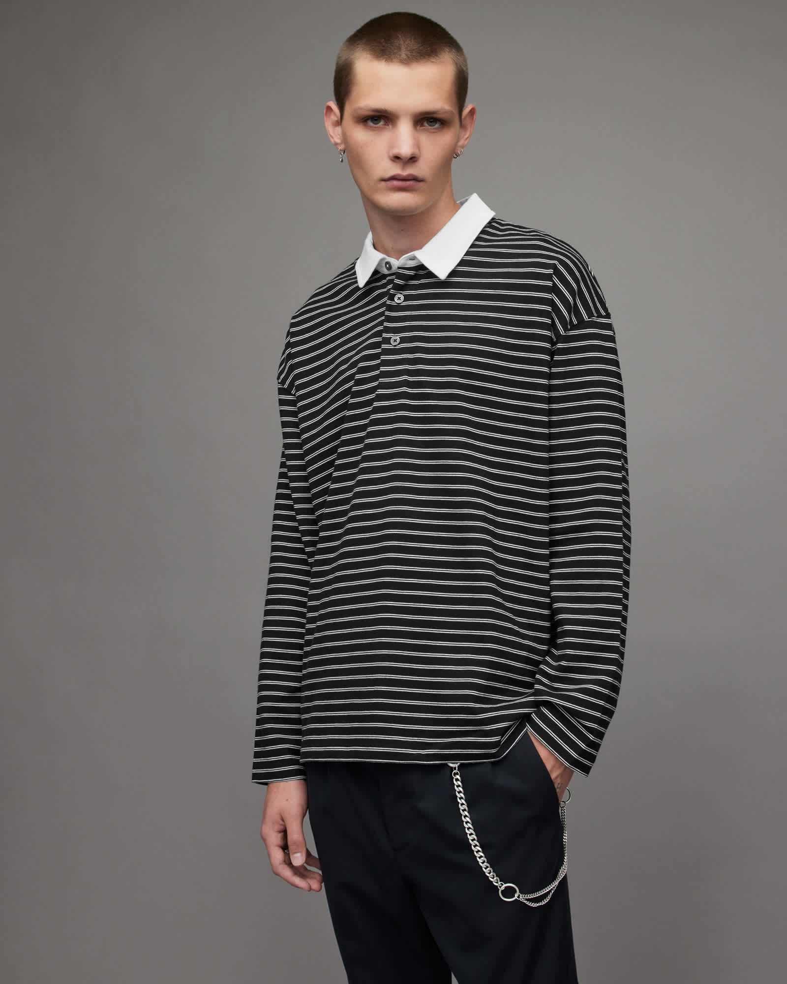 Allsaints Men's Ave Long Sleeve Striped Polo Shirt - Size  Xxl