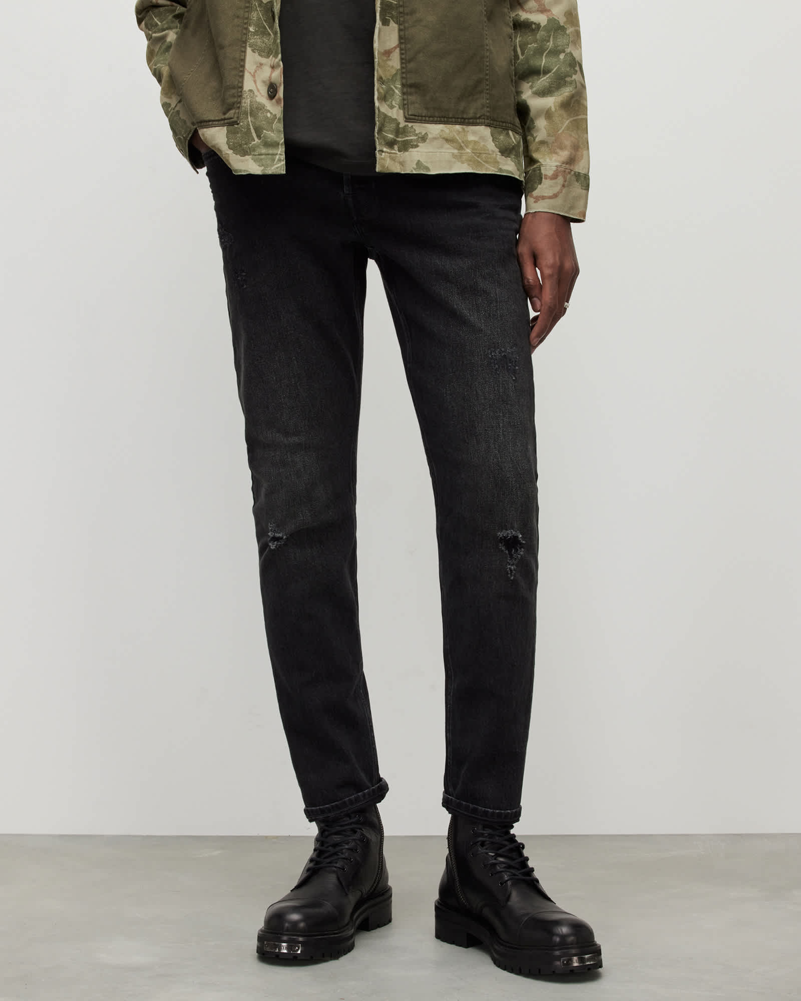 Allsaints Men's Black Rex Damaged Slim Fit Stretch Denim Jeans - Size  38/L30