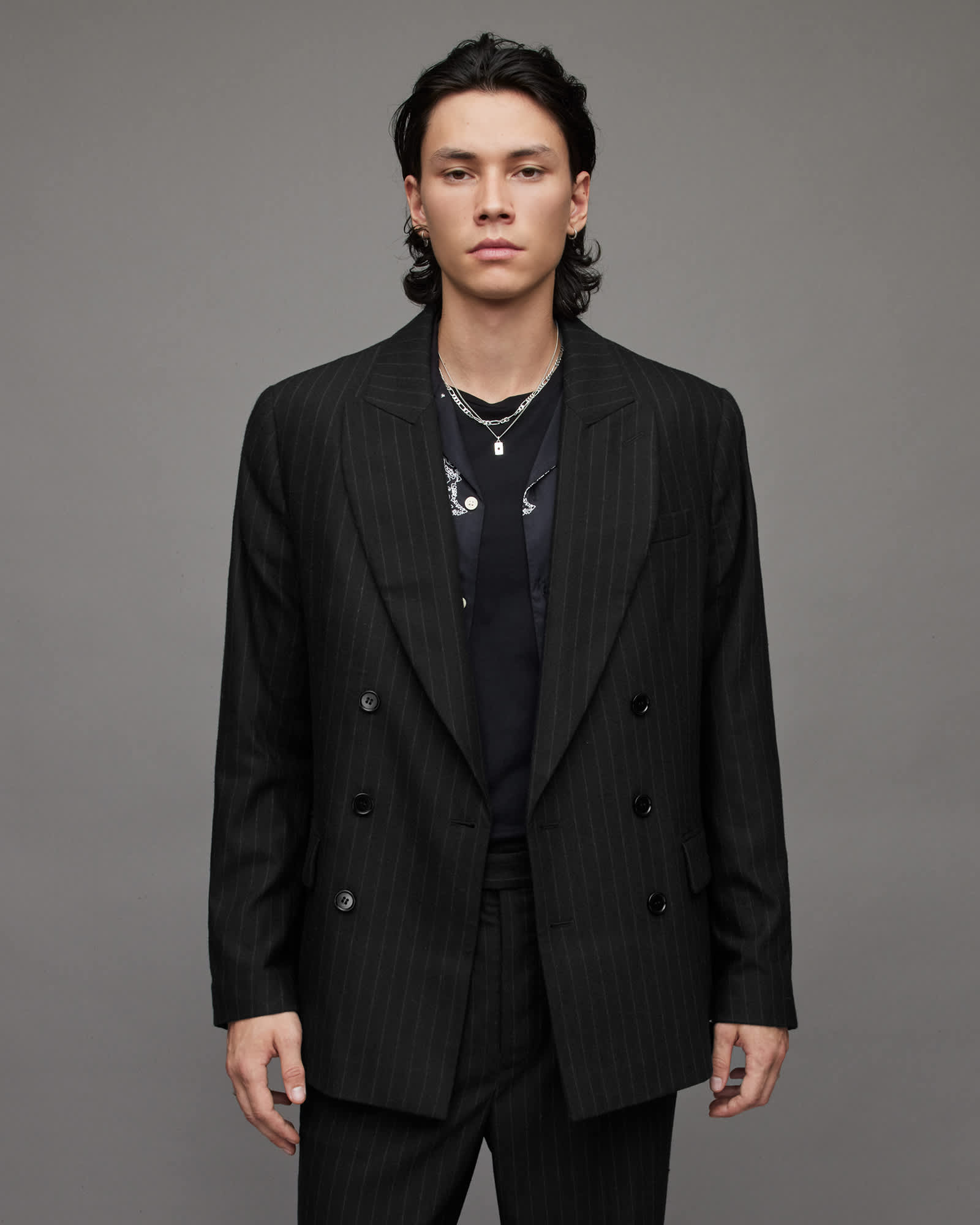 AllSaints Men's Polyamide/Wool Blues Pinstriped Blazer, Size: 34