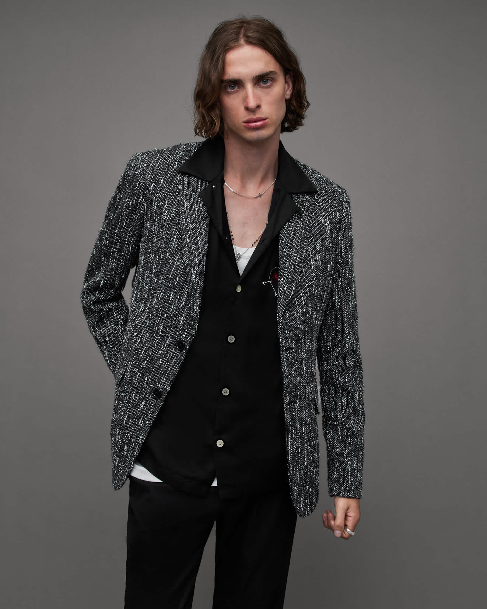 AllSaints Cotton/Wool Argyll Textured Tailored Fit Blazer, Size: 38