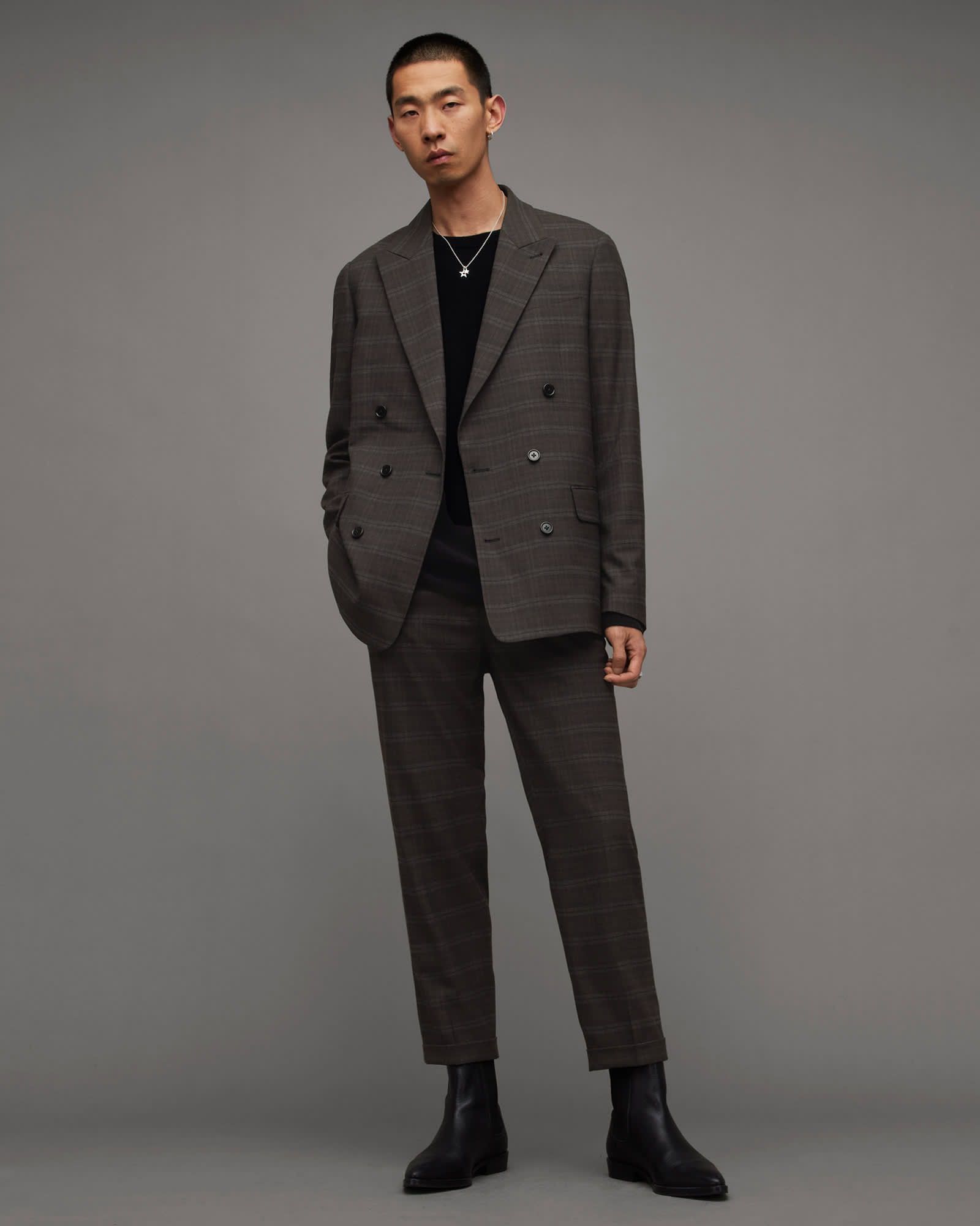 AllSaints Polyester/Viscose Spica Checked Double Breasted Blazer, Size: 34