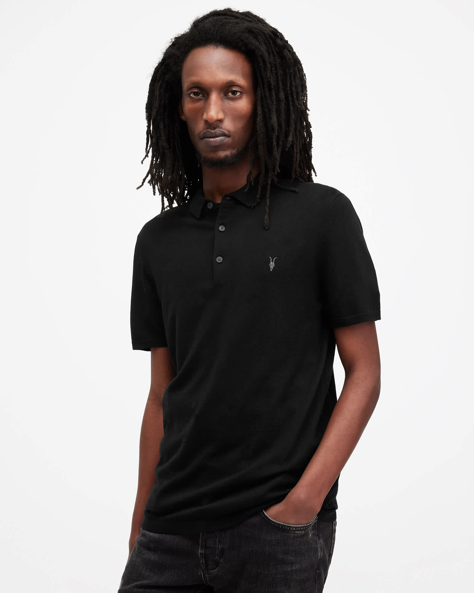 Allsaints Men's Black Mode Merino Short Sleeve Polo Shirt - Size S