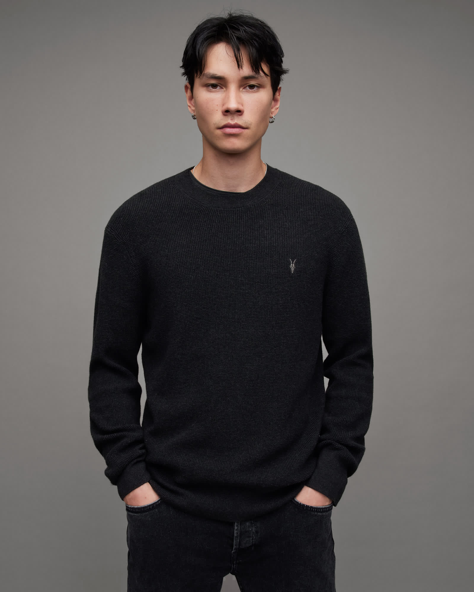 Allsaints Men's Black Aspen Waffle Crew Neck Ramskull Jumper - Size  Xl