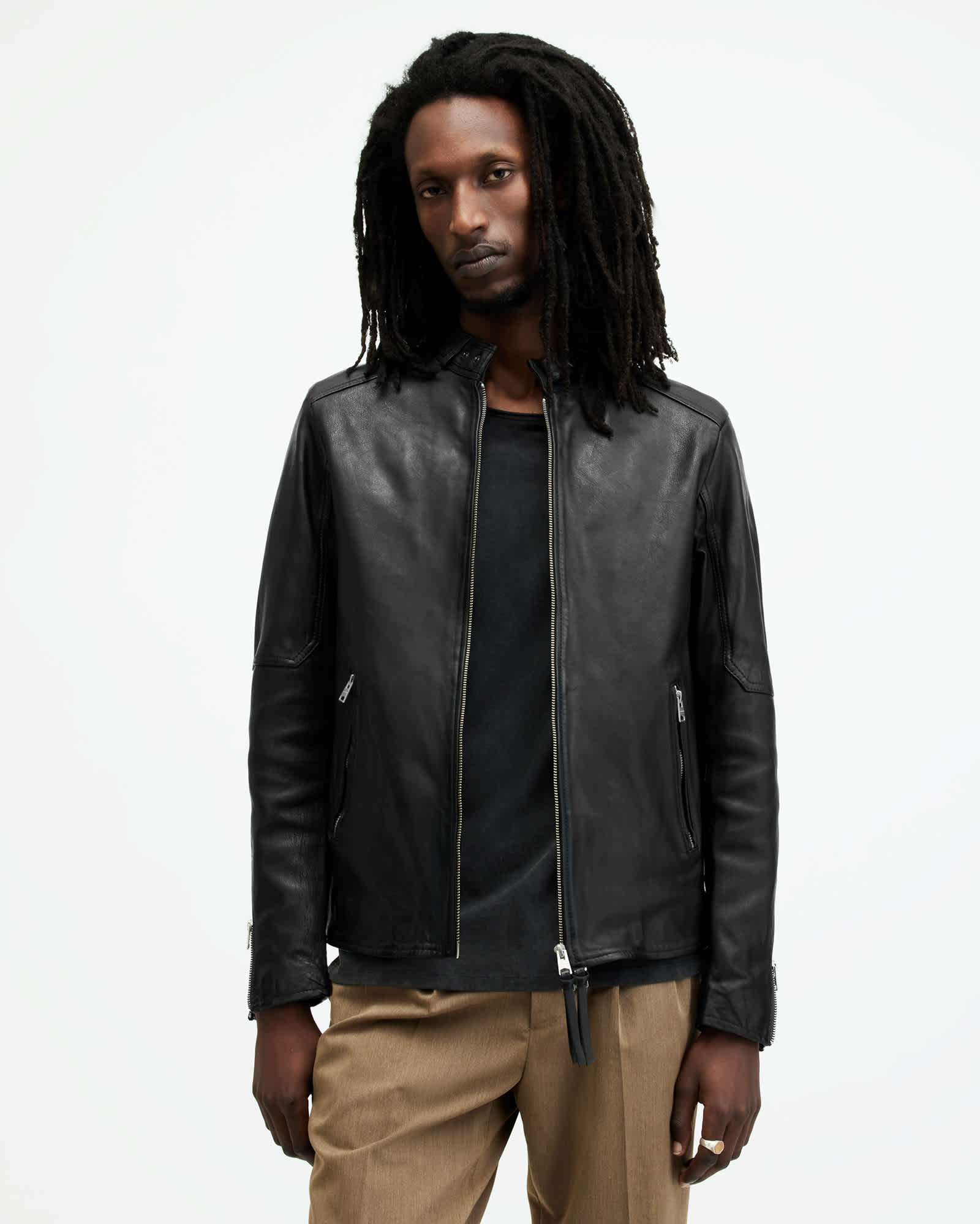 Allsaints Men's Black Cora Leather Snap Back Collar Jacket - Size  Xxl