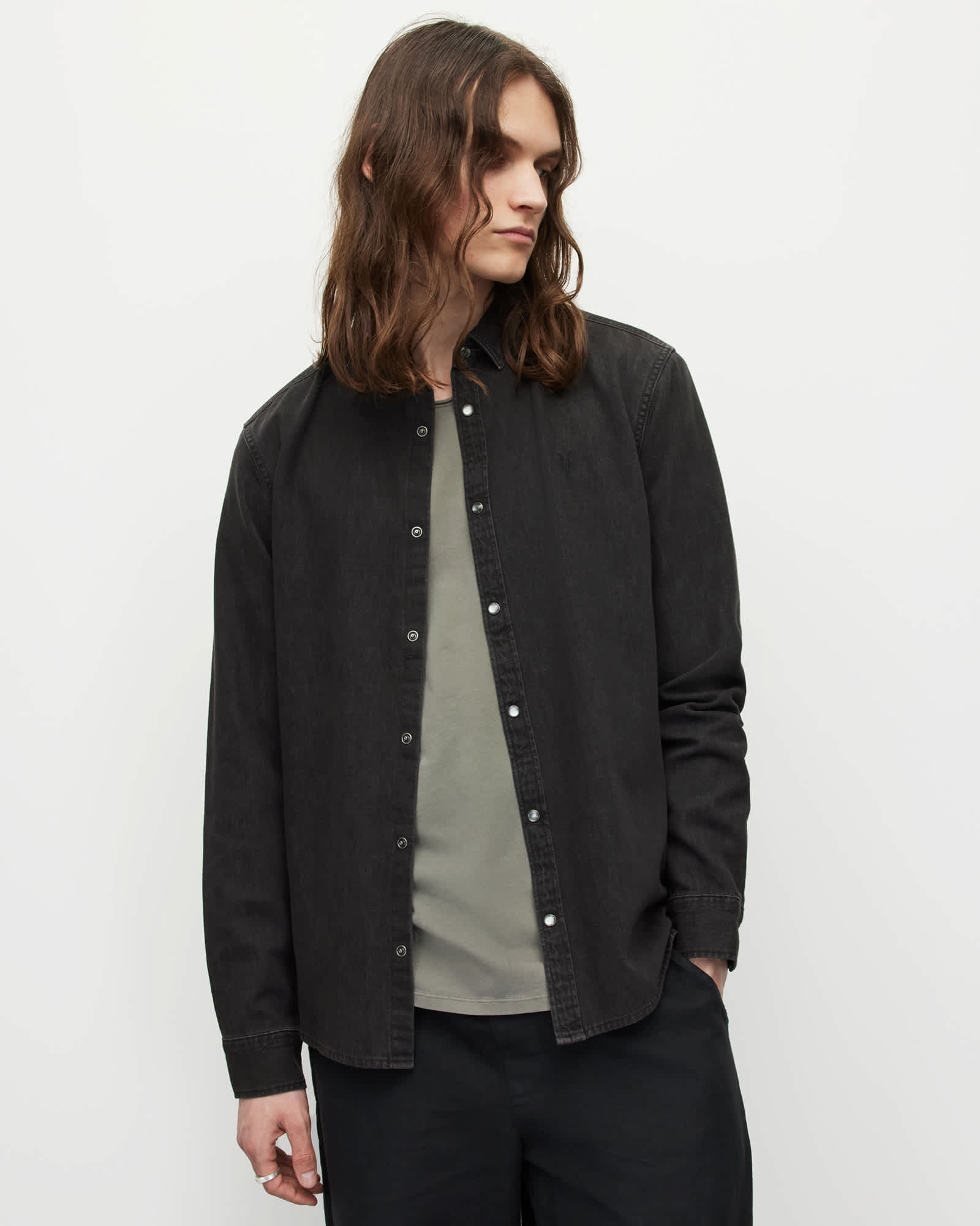 AllSaints Gleason Press Stud Ramskull Denim Shirt,, Black