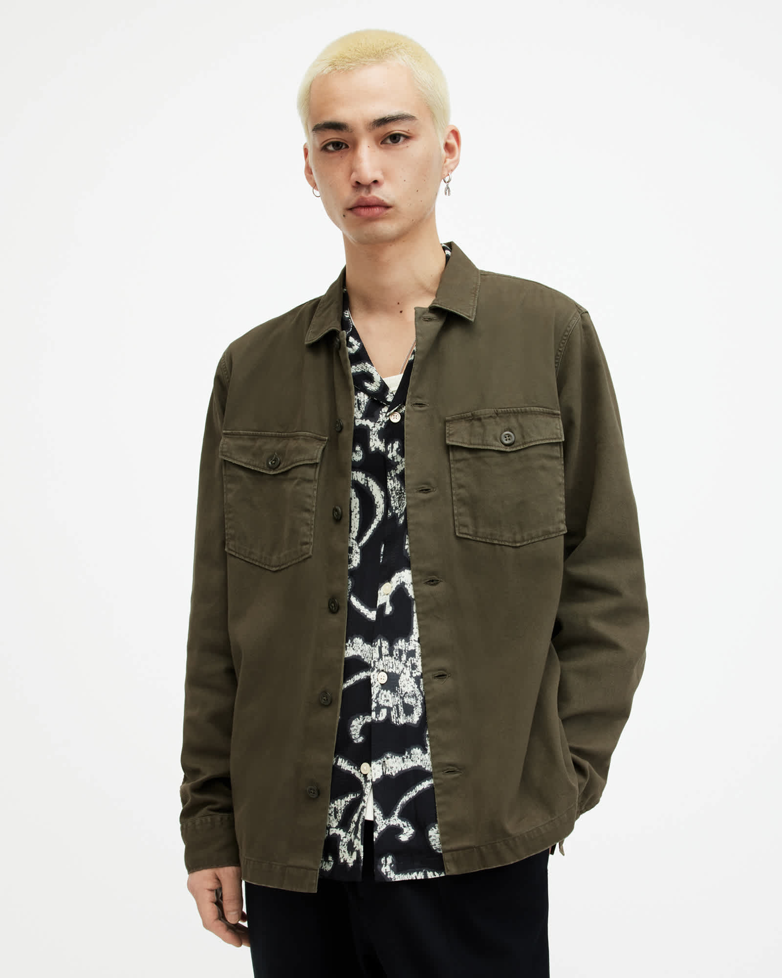 Allsaints Men's Green Spotter Long Sleeve Military Overshirt - Size  Xxl
