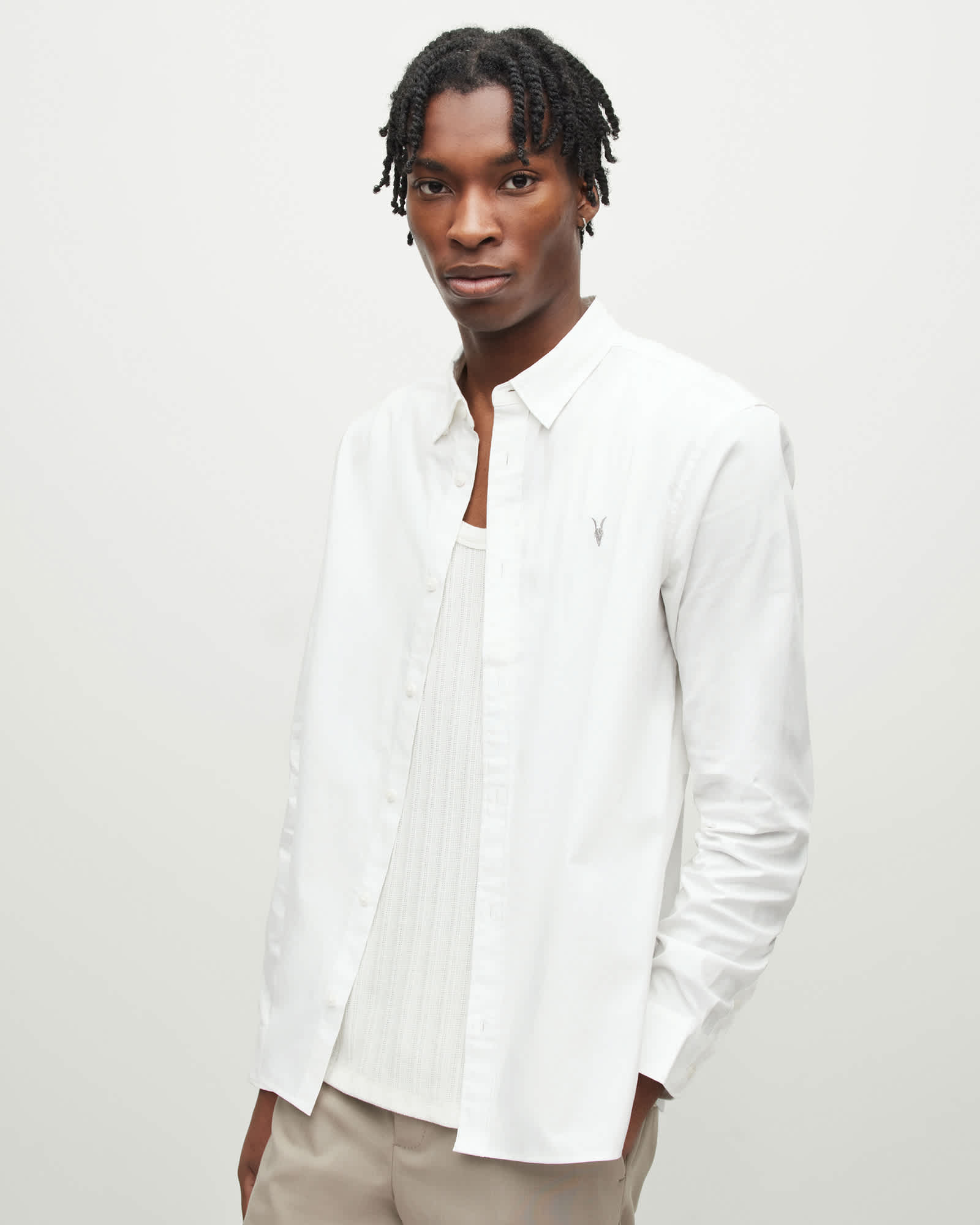 Allsaints Men's White Hawthorne Ramskull Stretch Fit Shirt - Size  Xxl