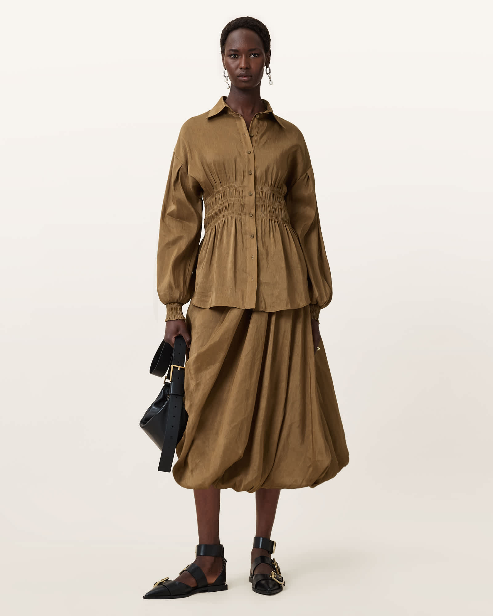 AllSaints Nia Draped Midi Skirt,, Breen Brown