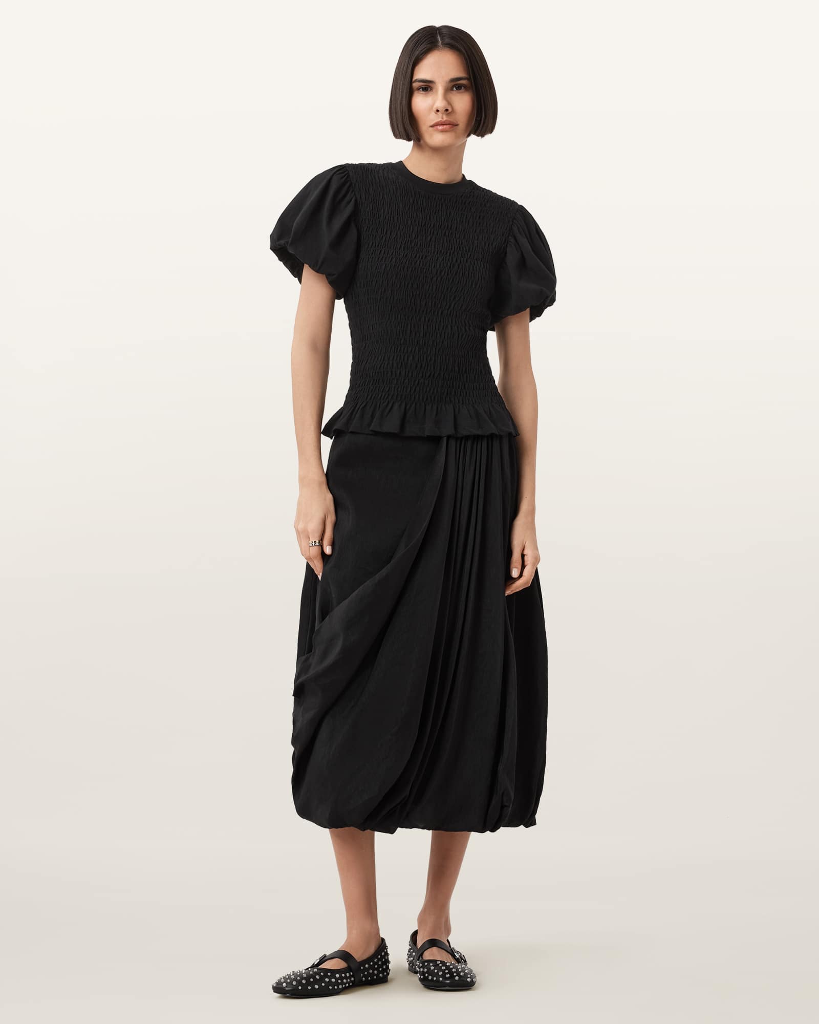 Allsaints Nia Draped Midi Skirt, In Black