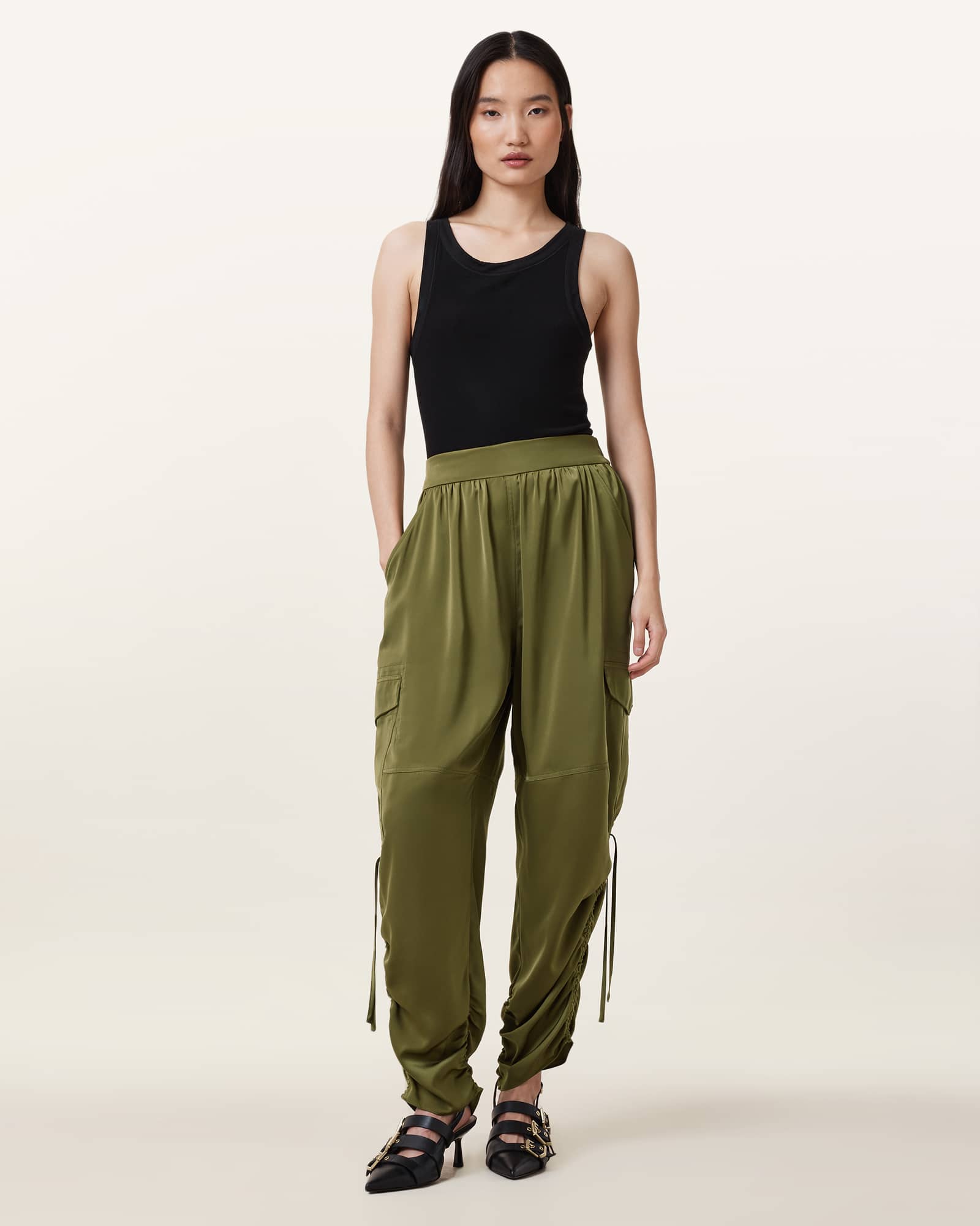 AllSaints Kaye Relaxed Fit Satin Trousers,, Khaki Green