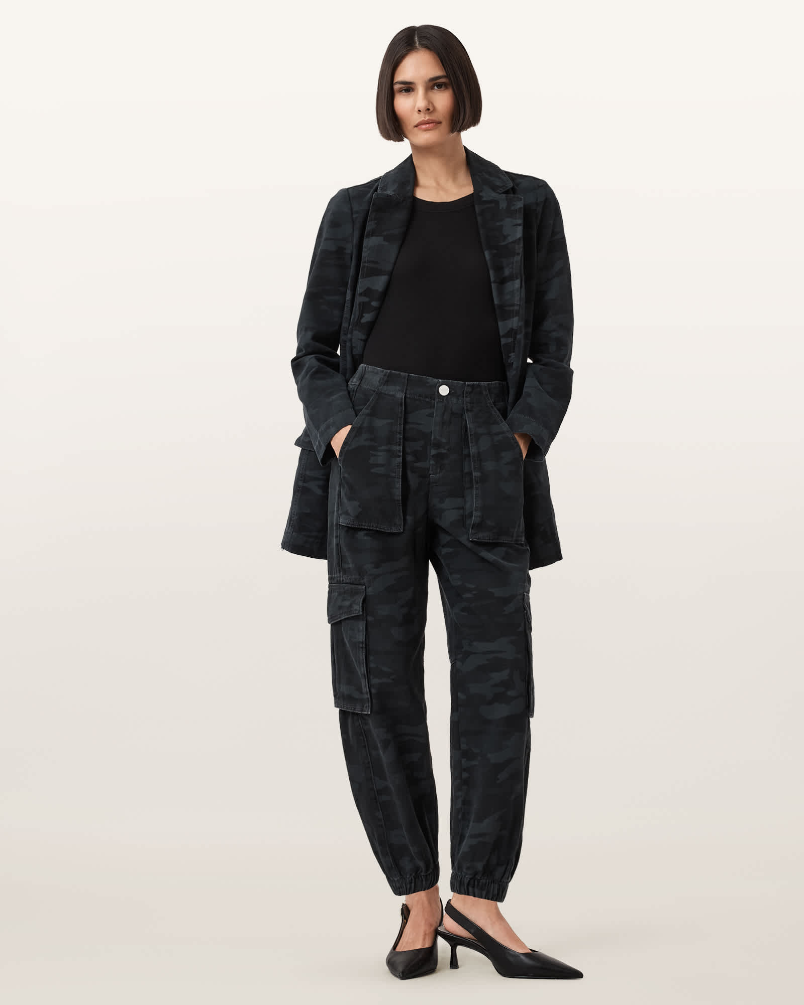 Allsaints Womens Camo Ink Blue Fredia Camo-print High-rise Denim Trousers In Black