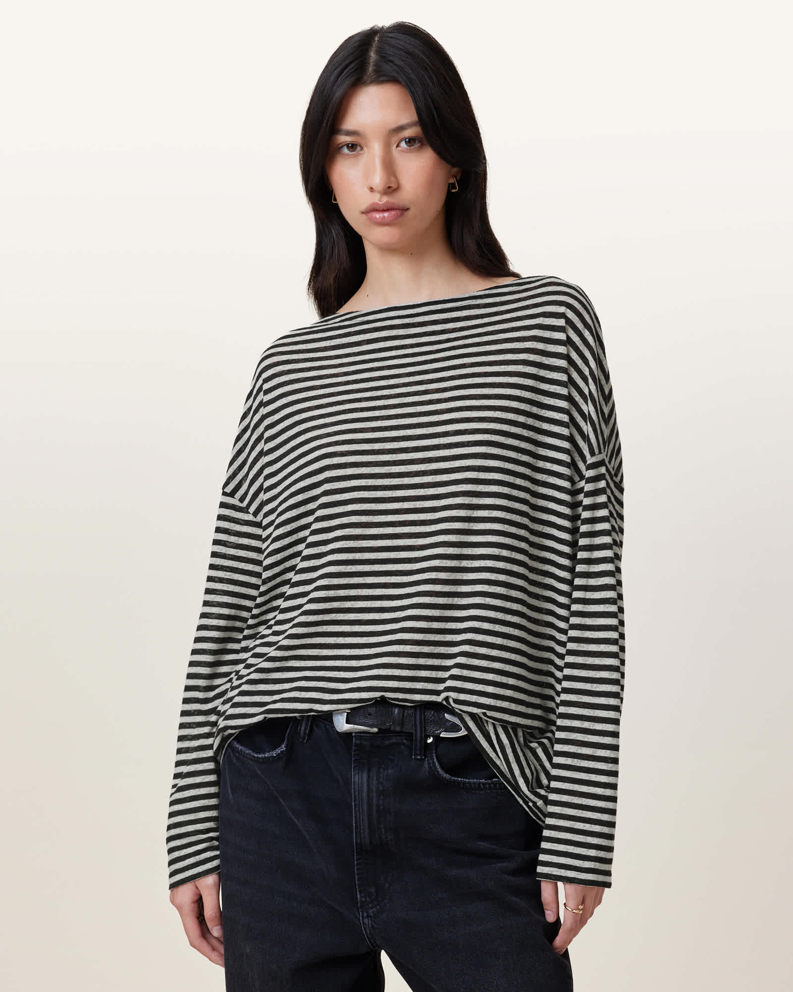 AllSaints Women's Cotton/Polyester Rita Relaxed Fit Striped T-Shirt, Size: M