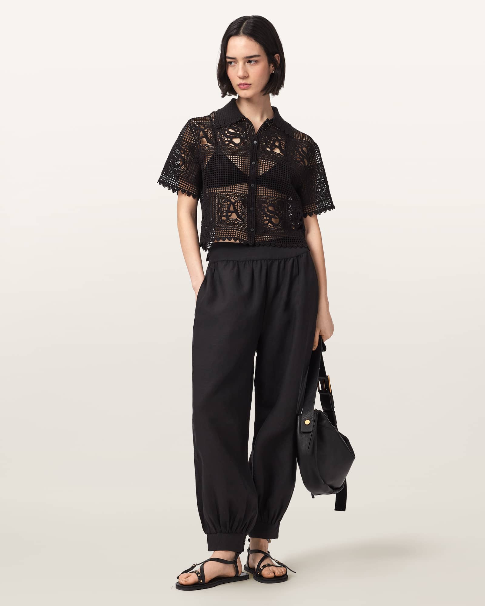 Allsaints Women's Black Harrie Linen Blend Baggy Fit Trousers - Size  14