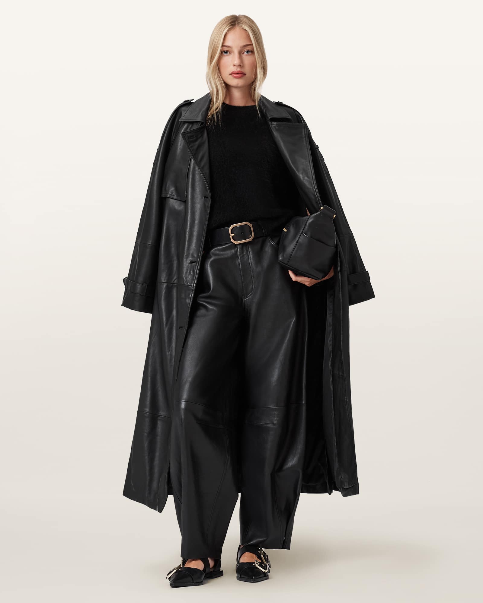 Allsaints Reed Leather Trench In Black
