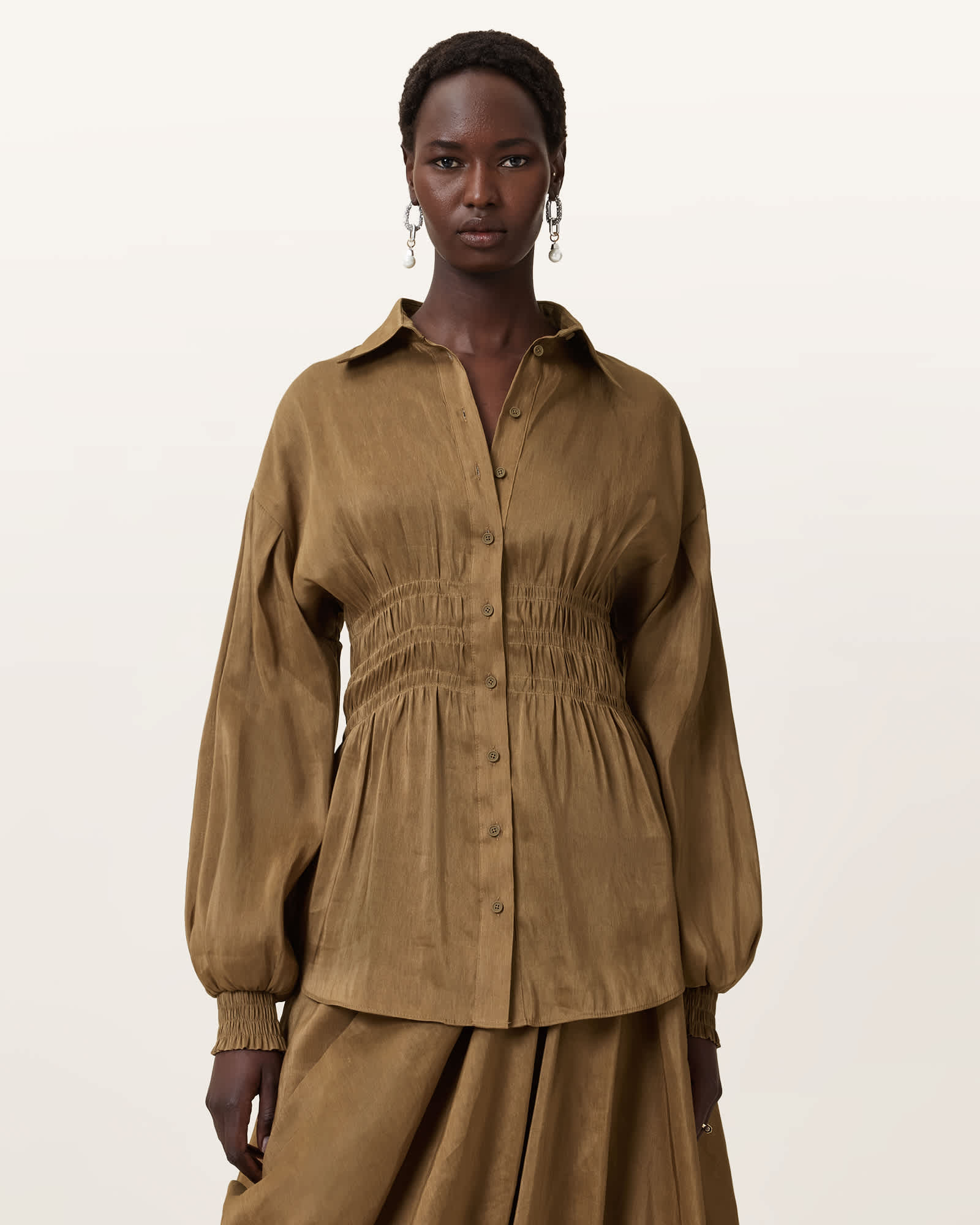 AllSaints Staci Long Sleeve Linen Shirt,, Breen Brown