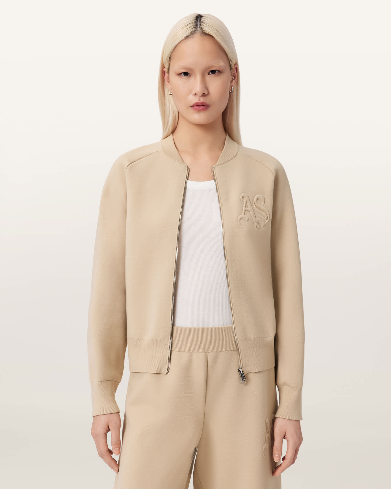 AllSaints Sonny Zip Up Cardigan,, Pebble White