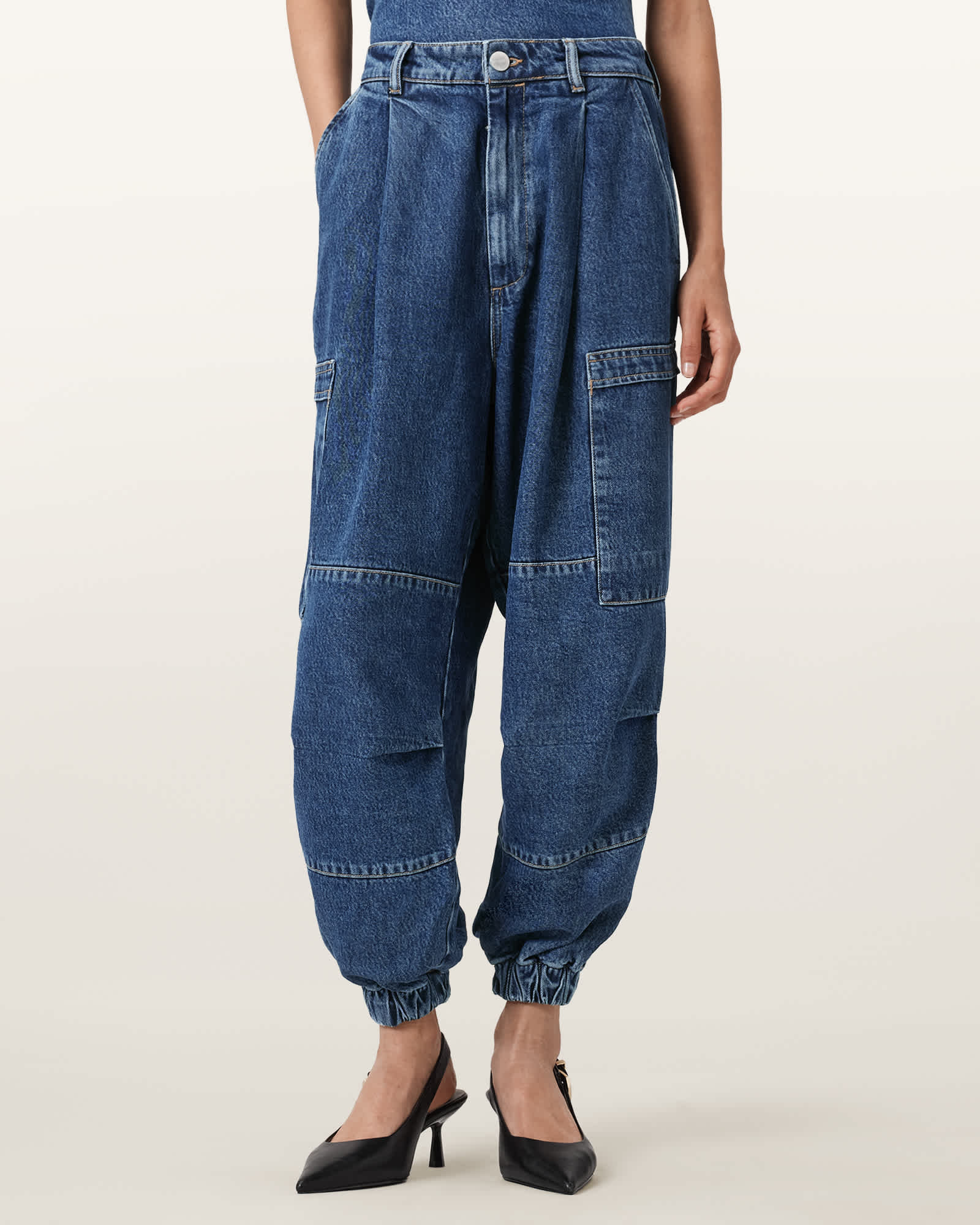 Allsaints Sol Cargo High Rise Cropped Tapered Jeans In Mid Indigo In Purple