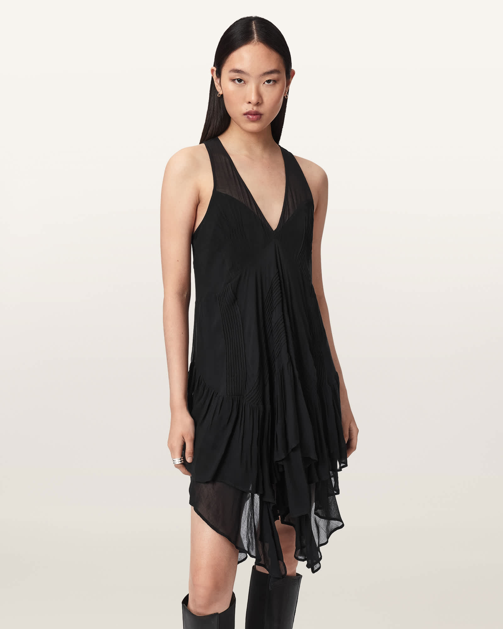 Allsaints Women's Black Gretel Asymmetric Tiered Midi Dress - Size  16